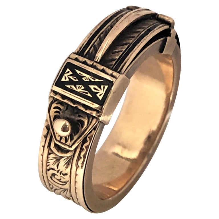 Victorian Mourning Memorial Yellow Gold and Enamel Hidden Compartment Ring