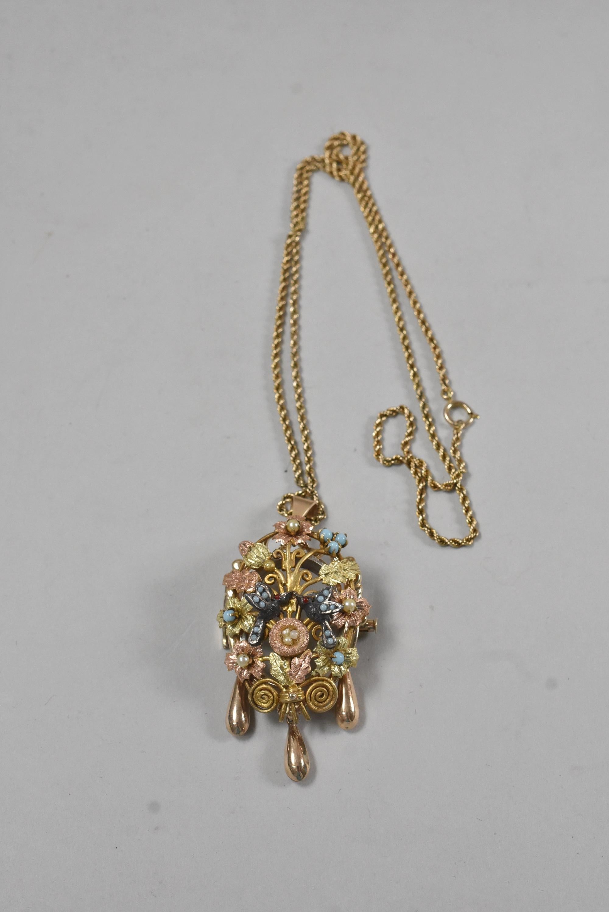 Late 19th Century Victorian Mourning Pendant / Brooch Tri Gold Pearls Turquoise 14-Karat Chain