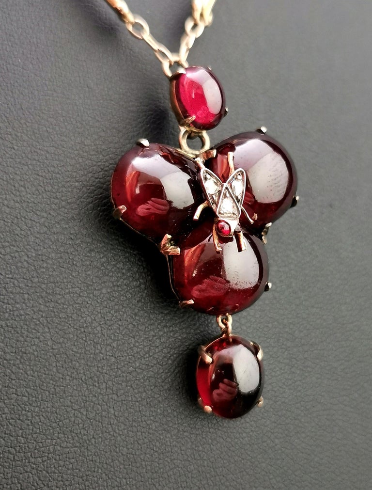 Victorian Mourning Pendant Necklace, Garnet, Diamond Fly, 18 Karat Yellow Gold For Sale 6