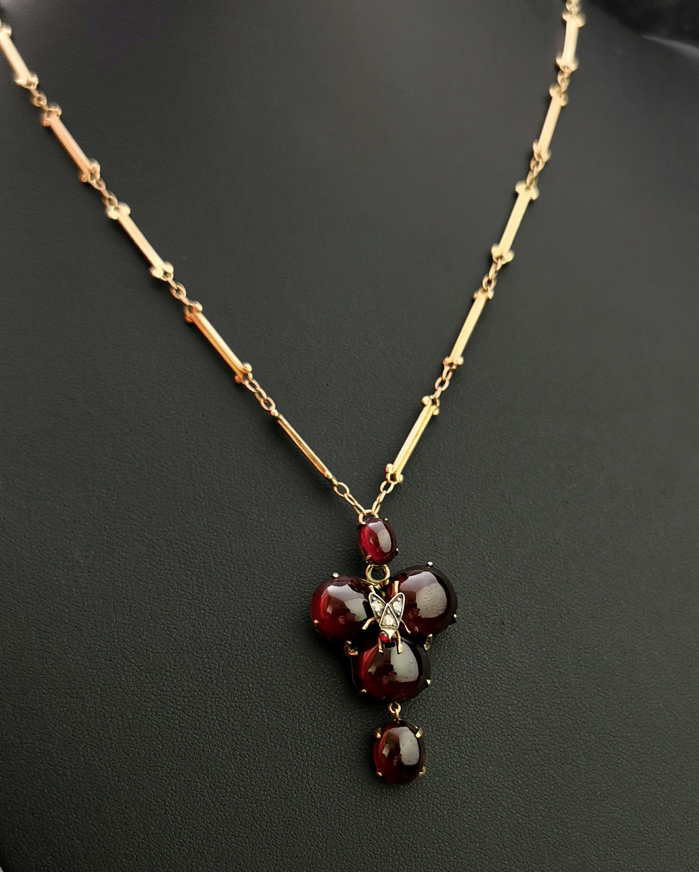 Victorian Mourning Pendant Necklace, Garnet, Diamond Fly, 18 Karat Yellow Gold For Sale 6