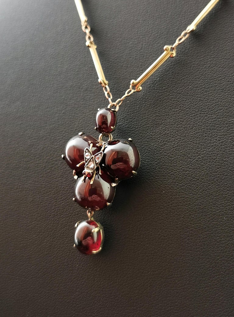 Victorian Mourning Pendant Necklace, Garnet, Diamond Fly, 18 Karat Yellow Gold For Sale 8