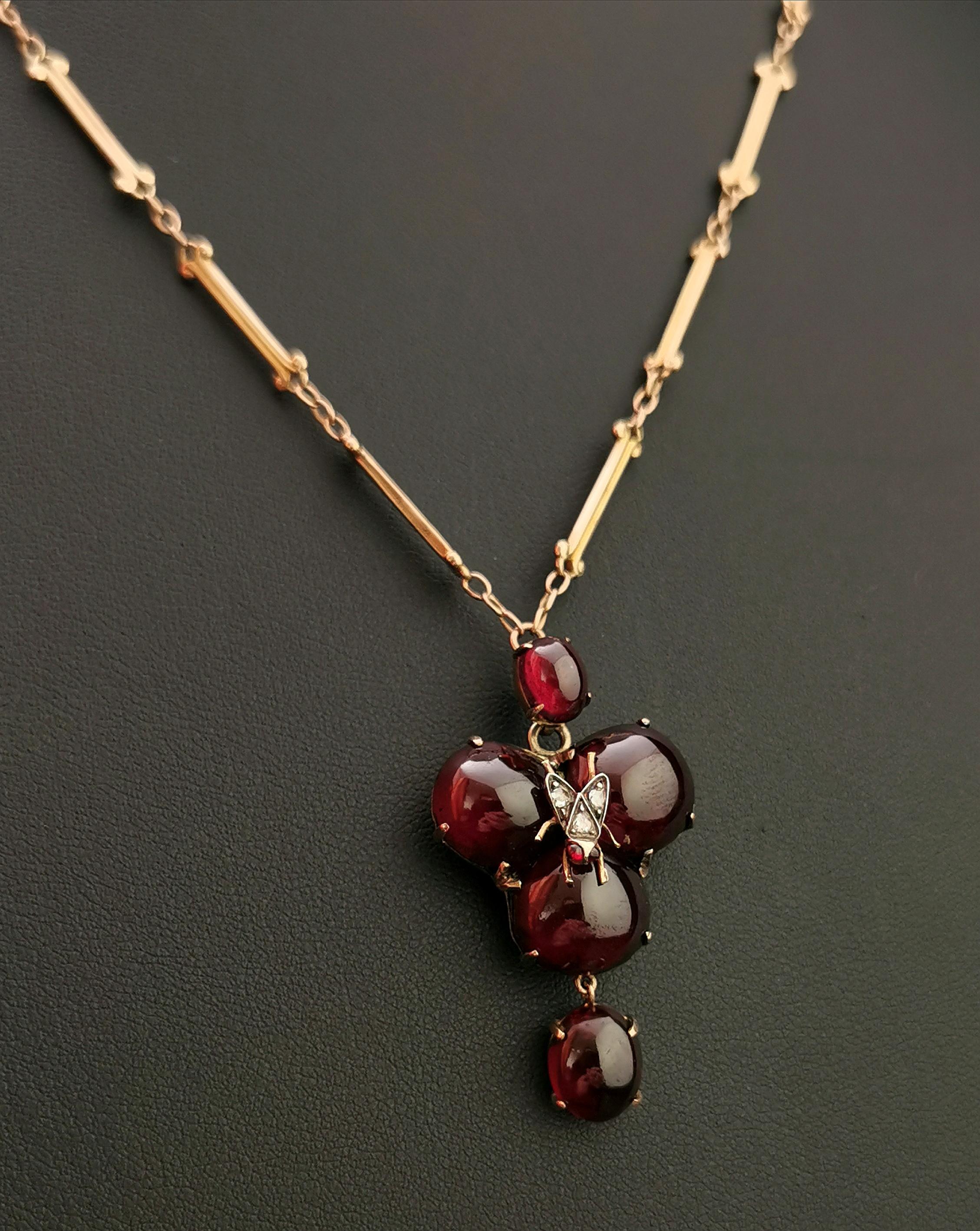 Victorian Mourning Pendant Necklace, Garnet, Diamond Fly, 18 Karat Yellow Gold For Sale 2