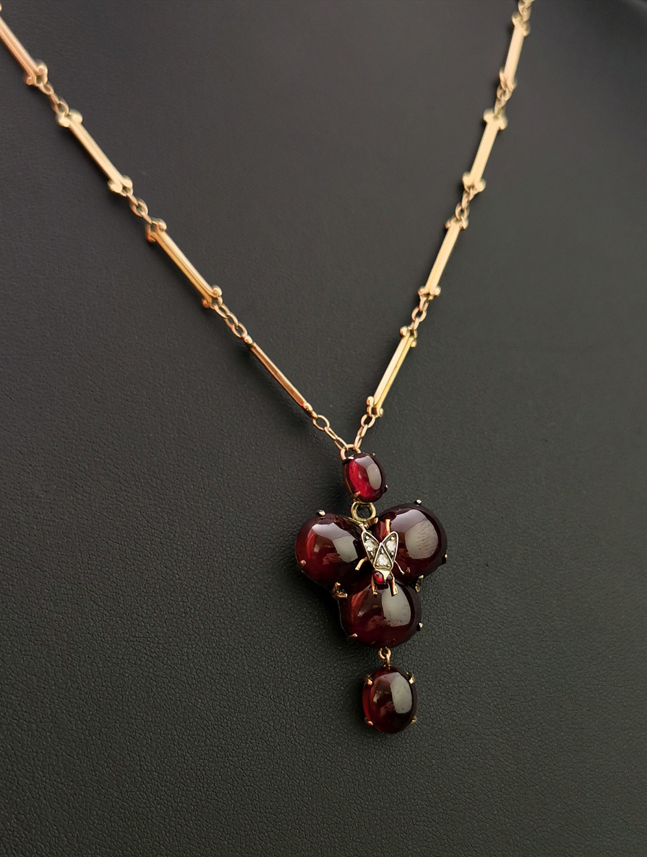 Victorian Mourning Pendant Necklace, Garnet, Diamond Fly, 18 Karat Yellow Gold For Sale 3