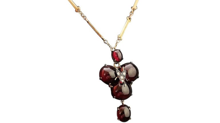 Victorian Mourning Pendant Necklace, Garnet, Diamond Fly, 18 Karat Yellow Gold For Sale