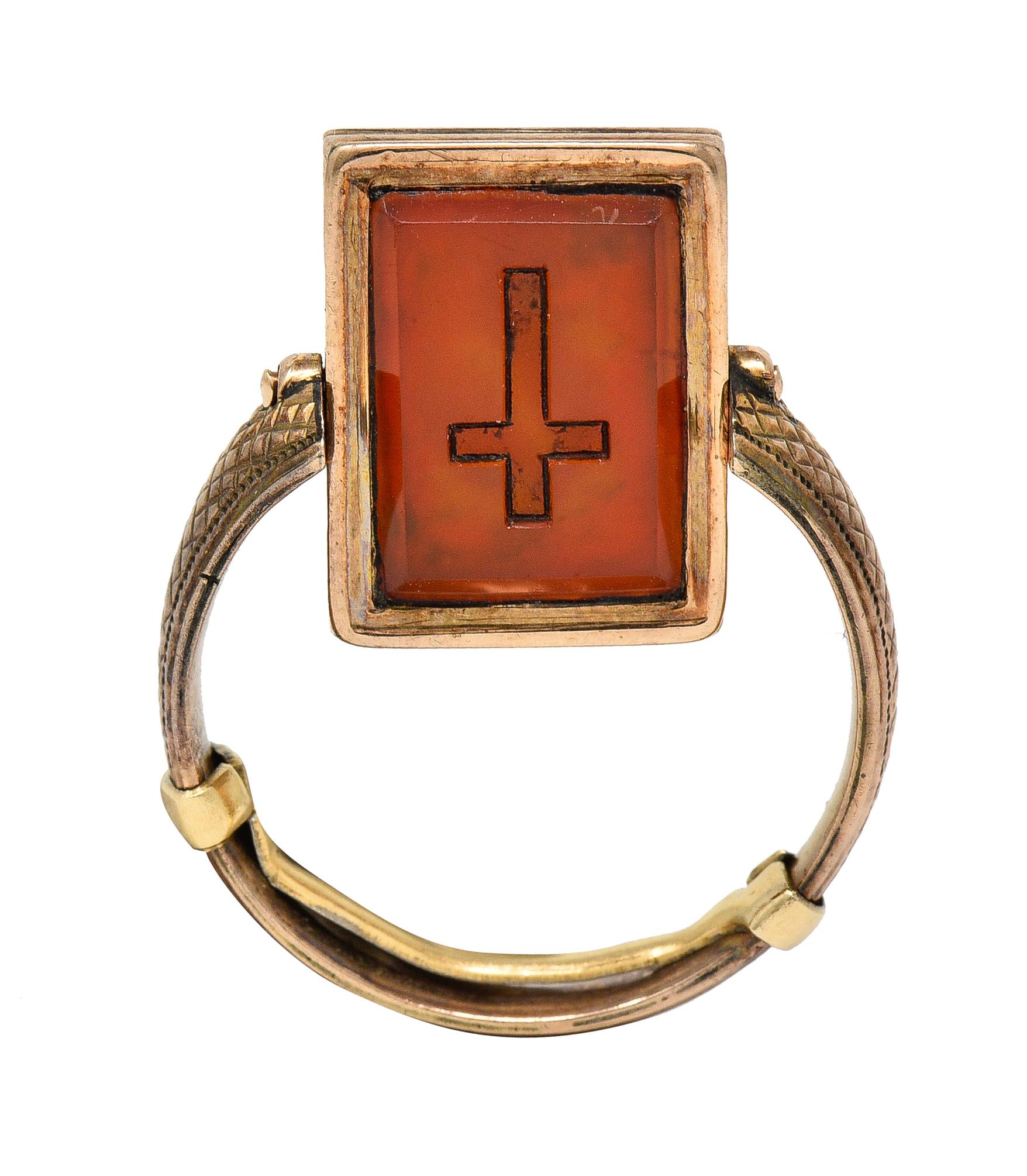 Antiker viktorianischer Flip-Ring aus geflochtenem Quarz mit Kreuz aus 14 Karat Gold im Angebot 5
