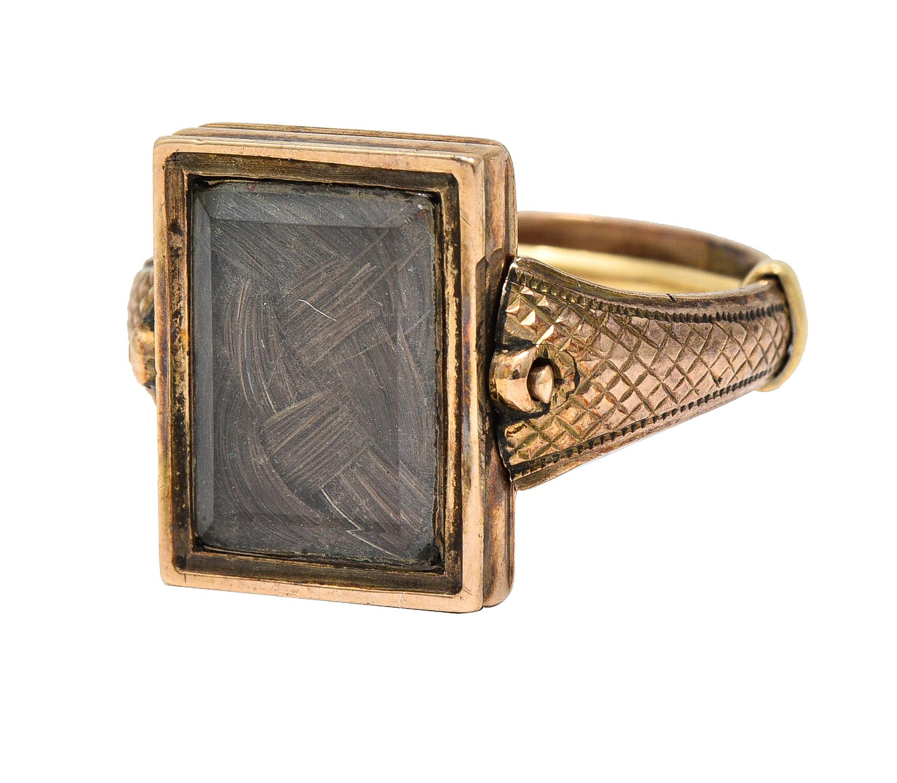 Victorian Mourning Quartz Braided Hair 14 Karat Gold Cross Antique Flip Ring For Sale 6