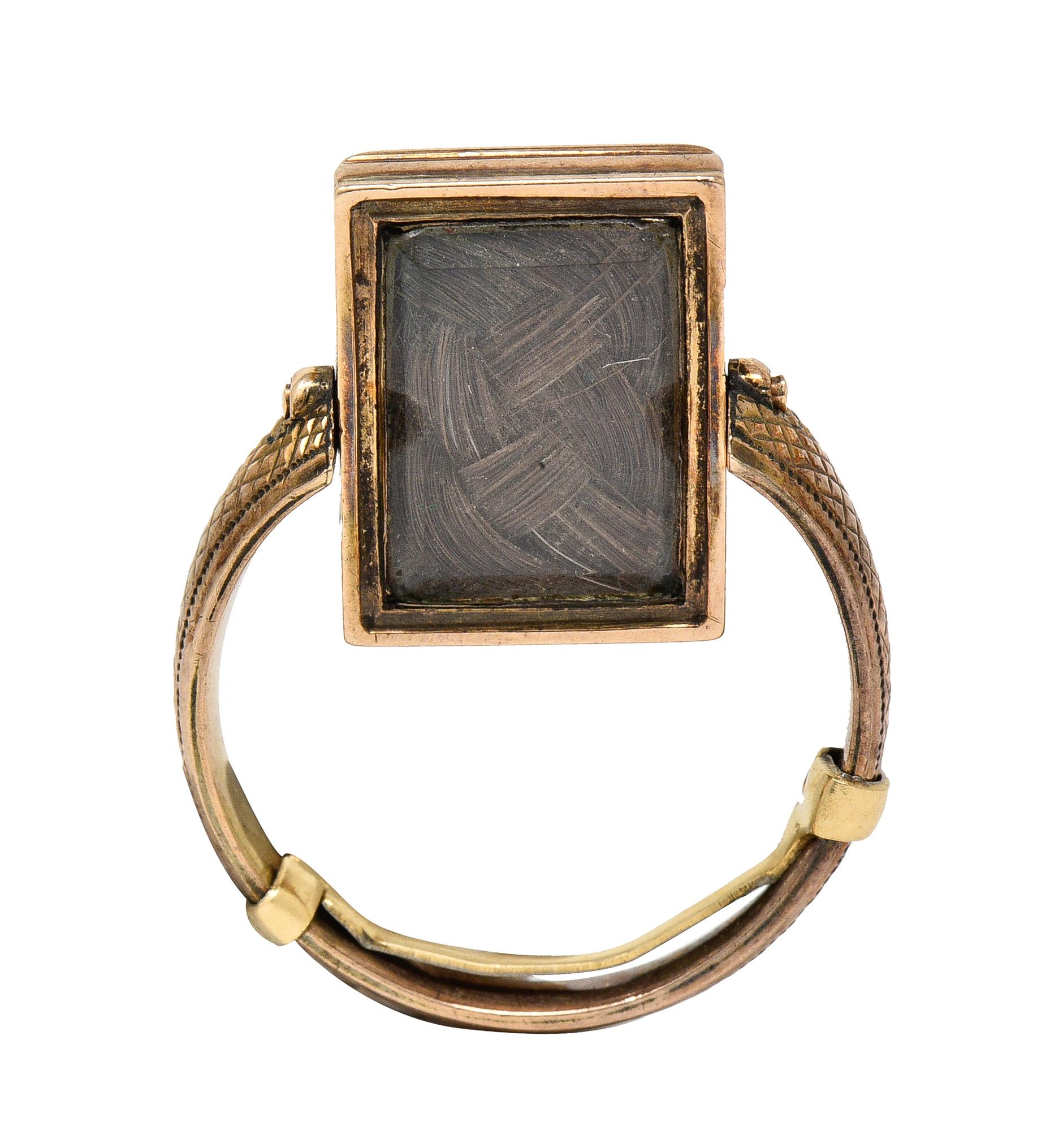 Victorian Mourning Quartz Braided Hair 14 Karat Gold Cross Antique Flip Ring For Sale 5