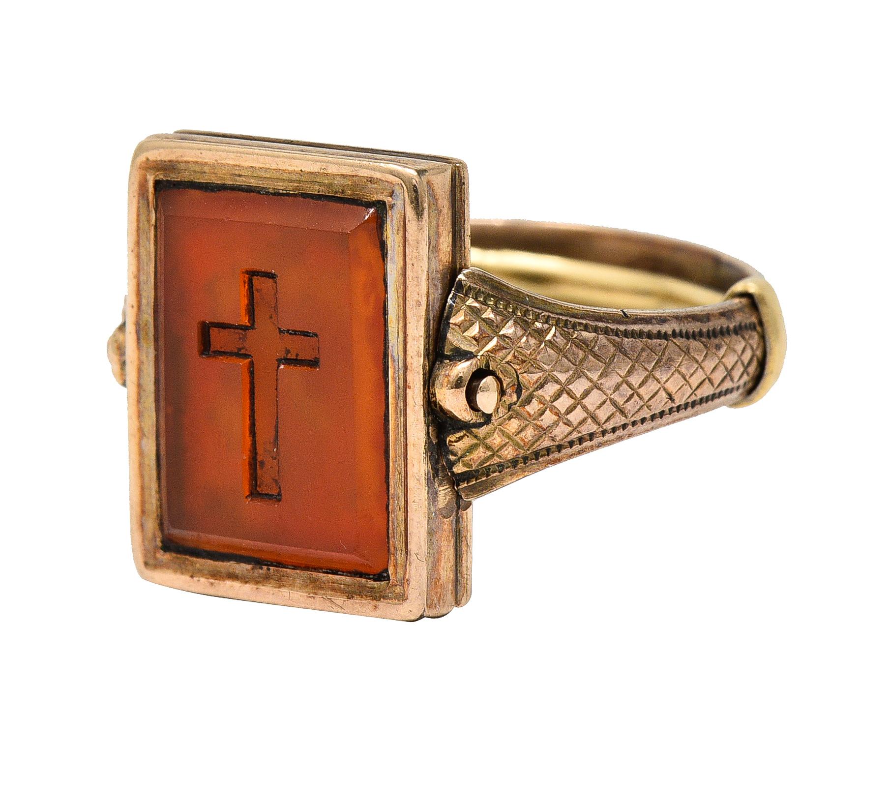 Victorian Mourning Quartz Braided Hair 14 Karat Gold Cross Antique Flip Ring For Sale 7