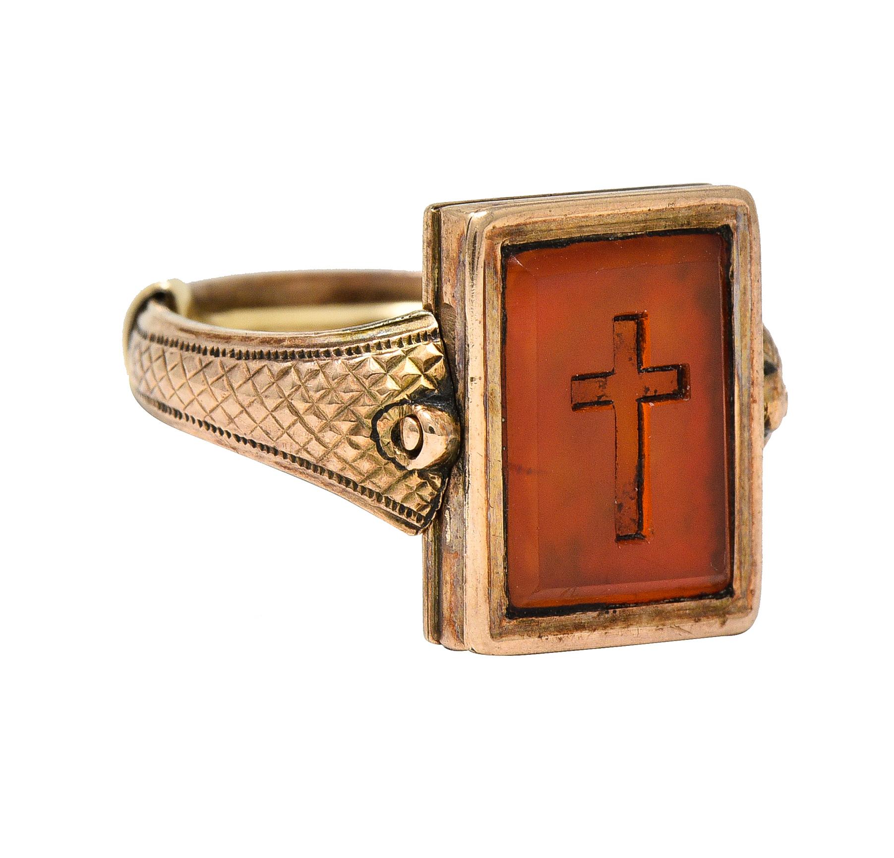Antiker viktorianischer Flip-Ring aus geflochtenem Quarz mit Kreuz aus 14 Karat Gold für Damen oder Herren im Angebot