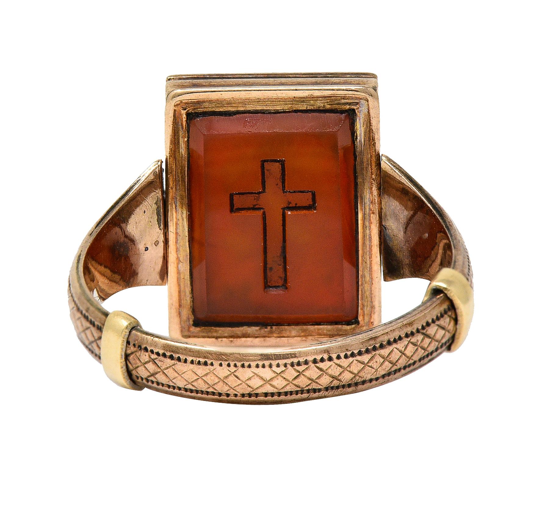 Victorian Mourning Quartz Braided Hair 14 Karat Gold Cross Antique Flip Ring For Sale 4