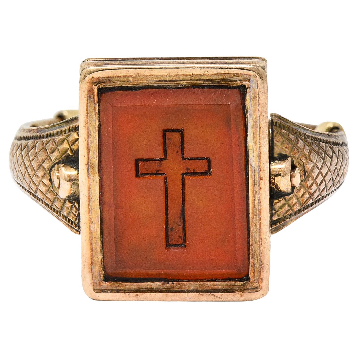 Antiker viktorianischer Flip-Ring aus geflochtenem Quarz mit Kreuz aus 14 Karat Gold im Angebot