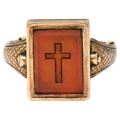 Antiker viktorianischer Flip-Ring aus geflochtenem Quarz mit Kreuz aus 14 Karat Gold