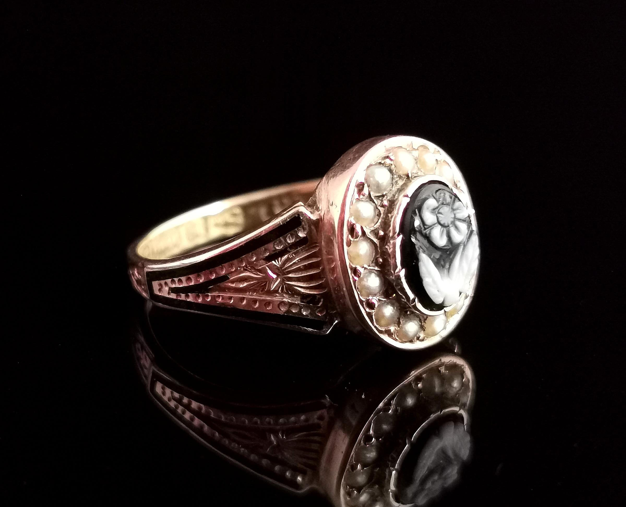 Victorian Mourning Ring, 15k Gold and Black Enamel, Agate Forget Me Not, Pearl 4