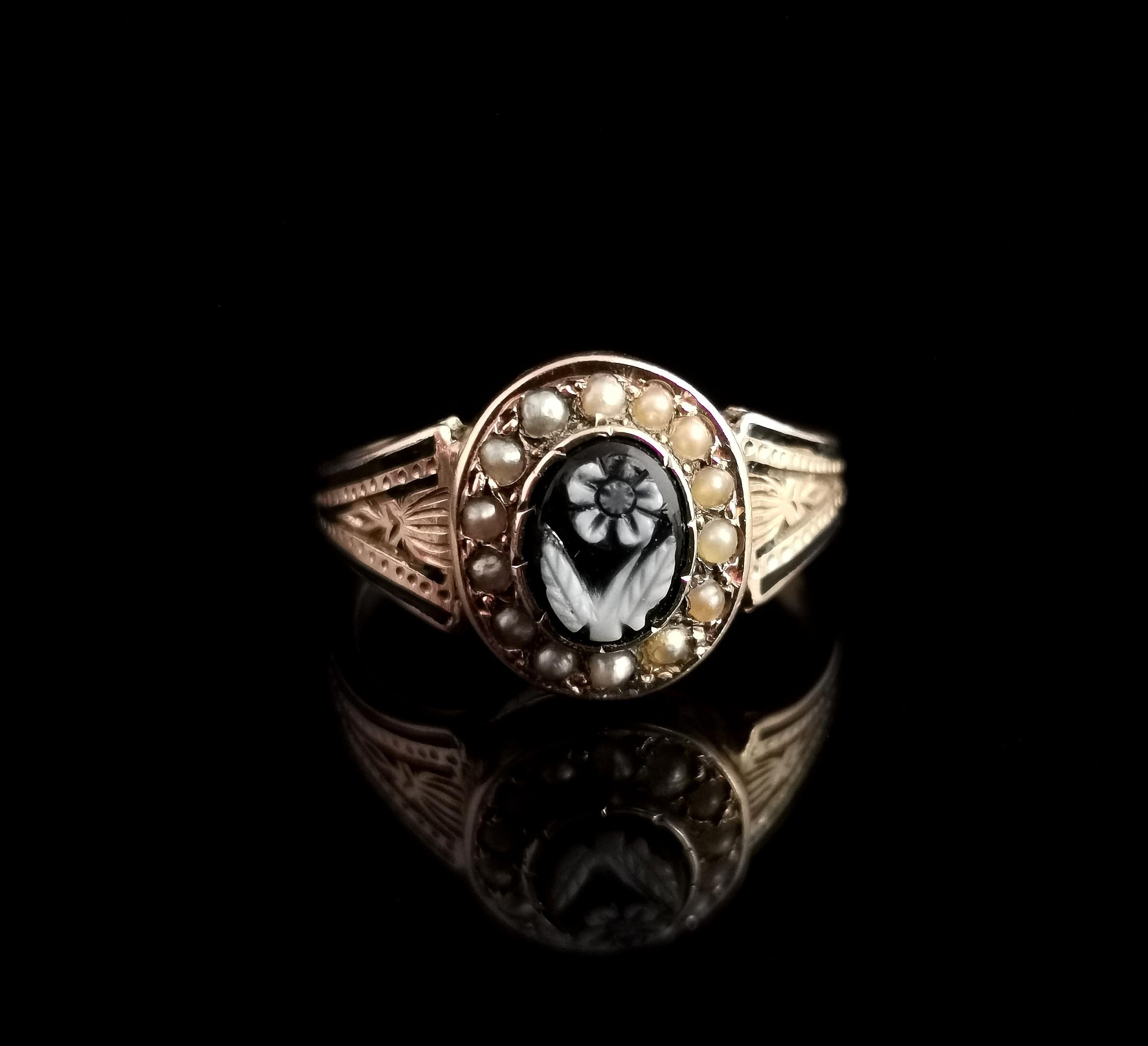 Victorian Mourning Ring, 15k Gold and Black Enamel, Agate Forget Me Not, Pearl 5