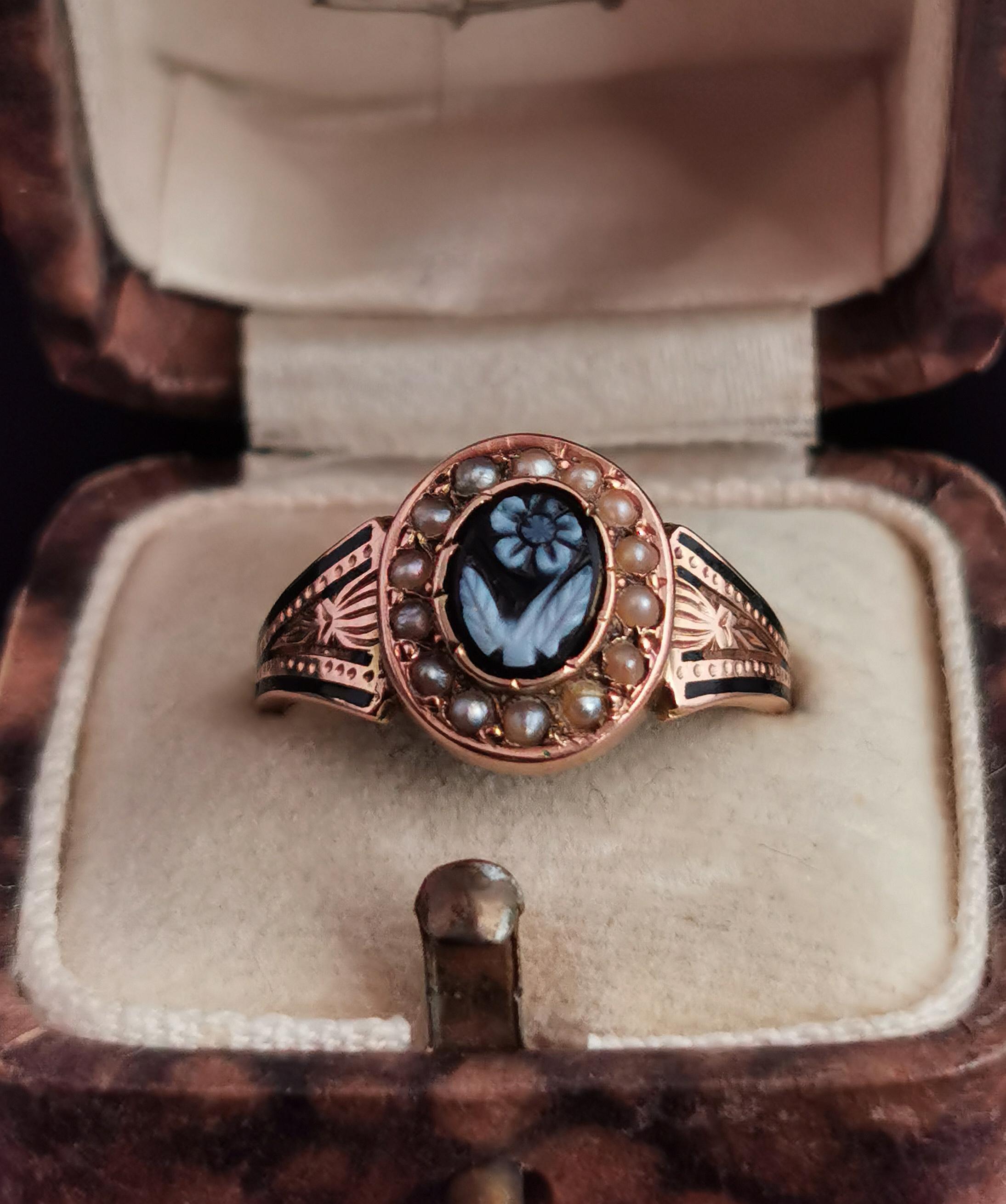 Victorian Mourning Ring, 15k Gold and Black Enamel, Agate Forget Me Not, Pearl 6
