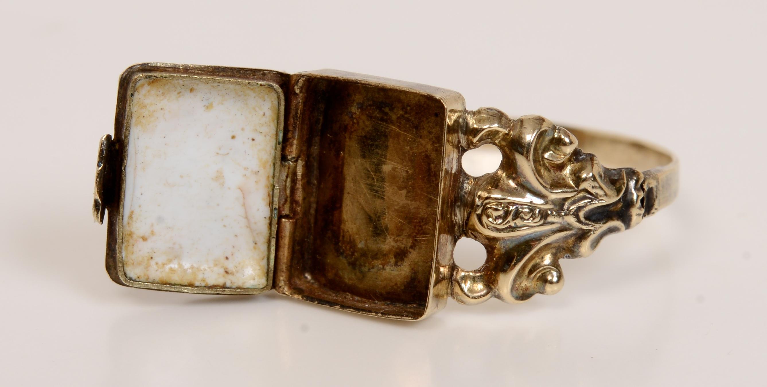 Victorian Mourning Ring c1840 with Hinged Book Form Locket Front 1