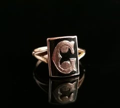 Victorian Mourning Ring, Initial C, 9 Karat Rose Gold and Black Enamel