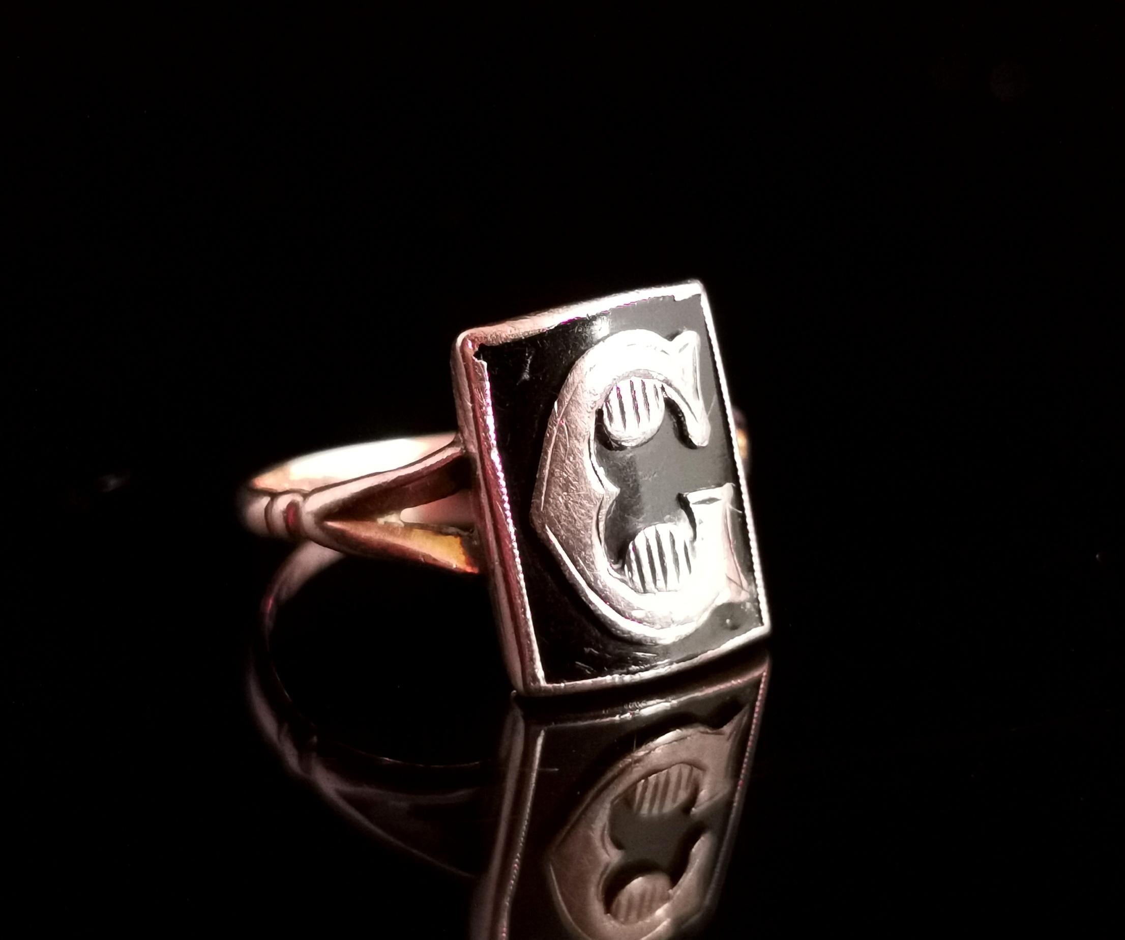 Late Victorian Victorian Mourning Ring, Initial C, 9 Karat Rose Gold and Black Enamel
