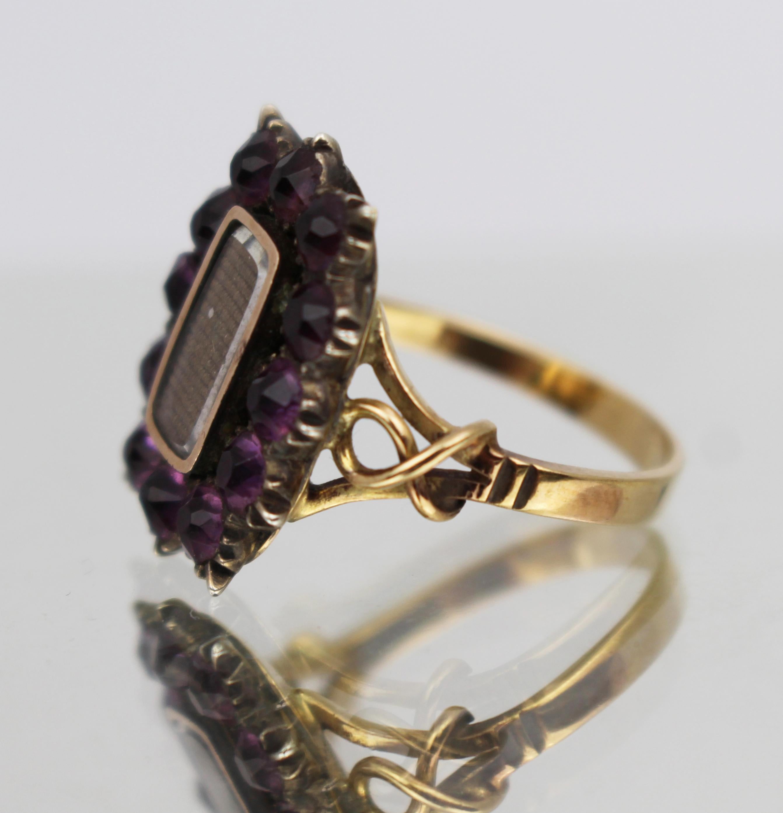 British Victorian Mourning Ring with Purple Glass Stones For Sale