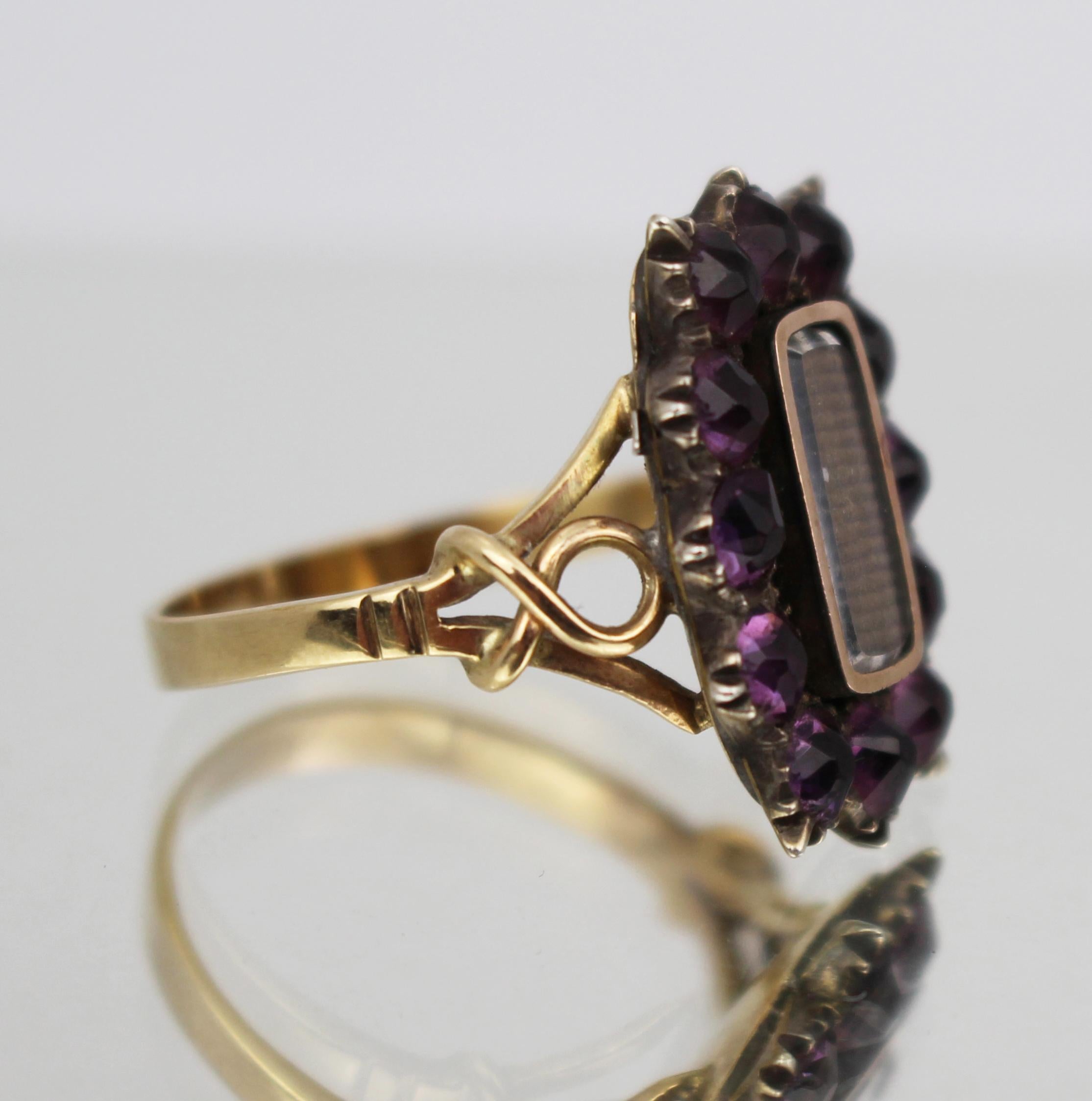 Gold Victorian Mourning Ring with Purple Glass Stones For Sale