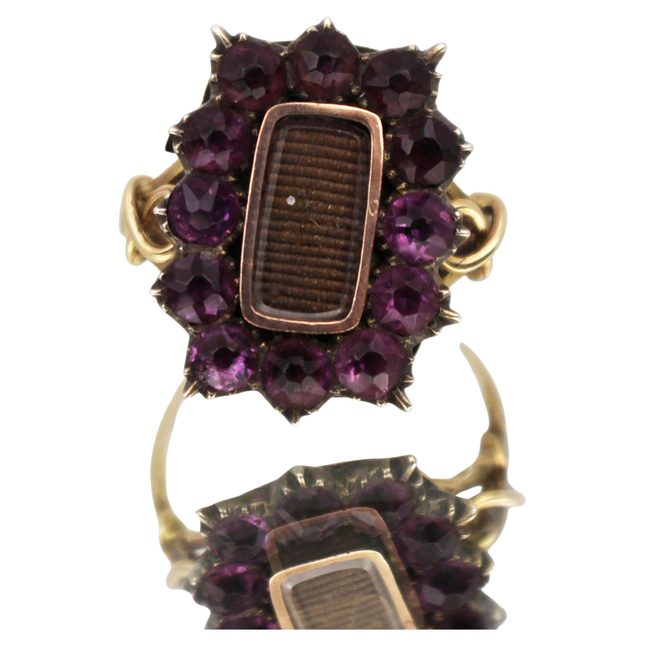 Victorian Mourning Ring with Purple Glass Stones For Sale