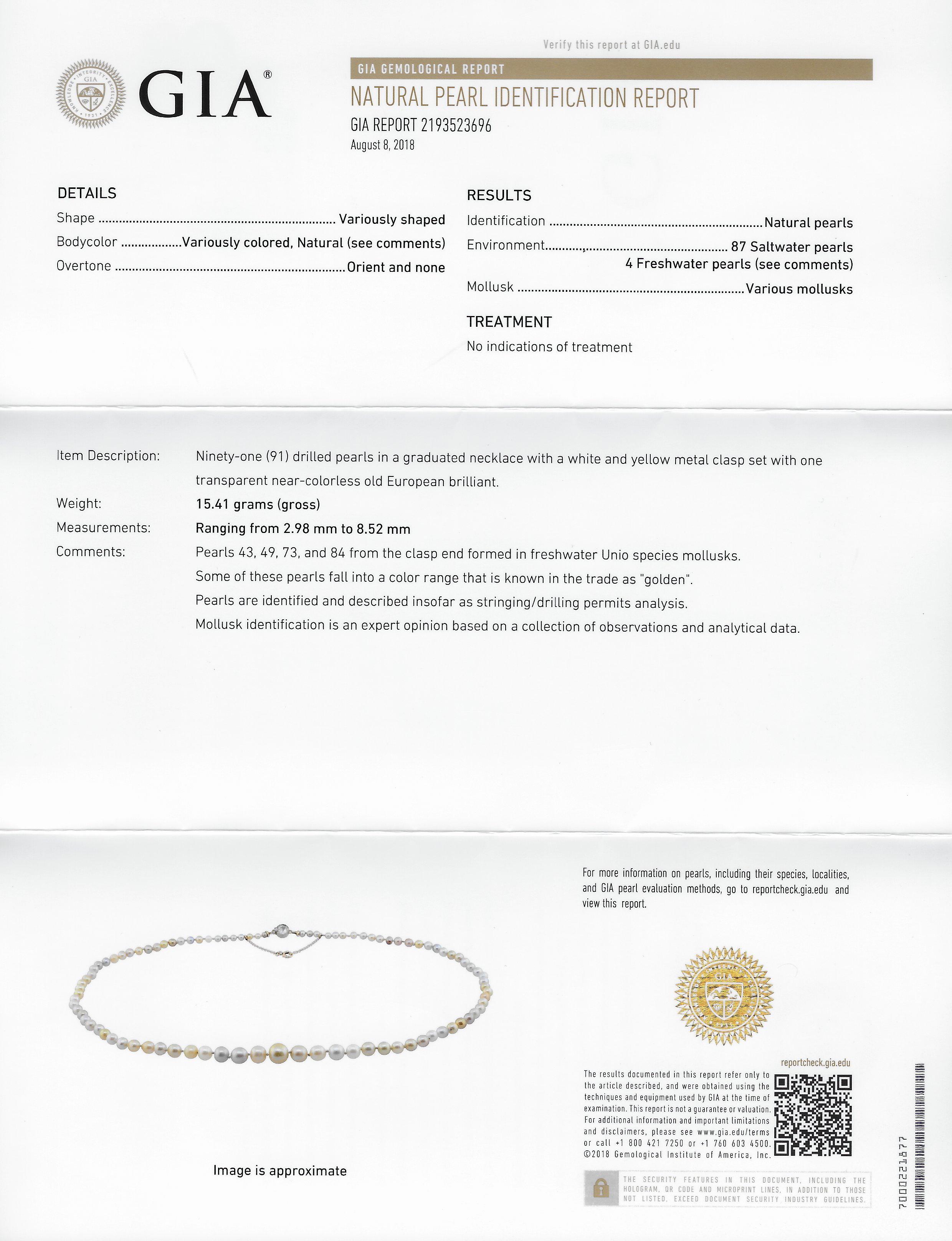 Victorian Multi-Color Natural Saltwater Pearl Diamond Platinum Gold Necklace 6