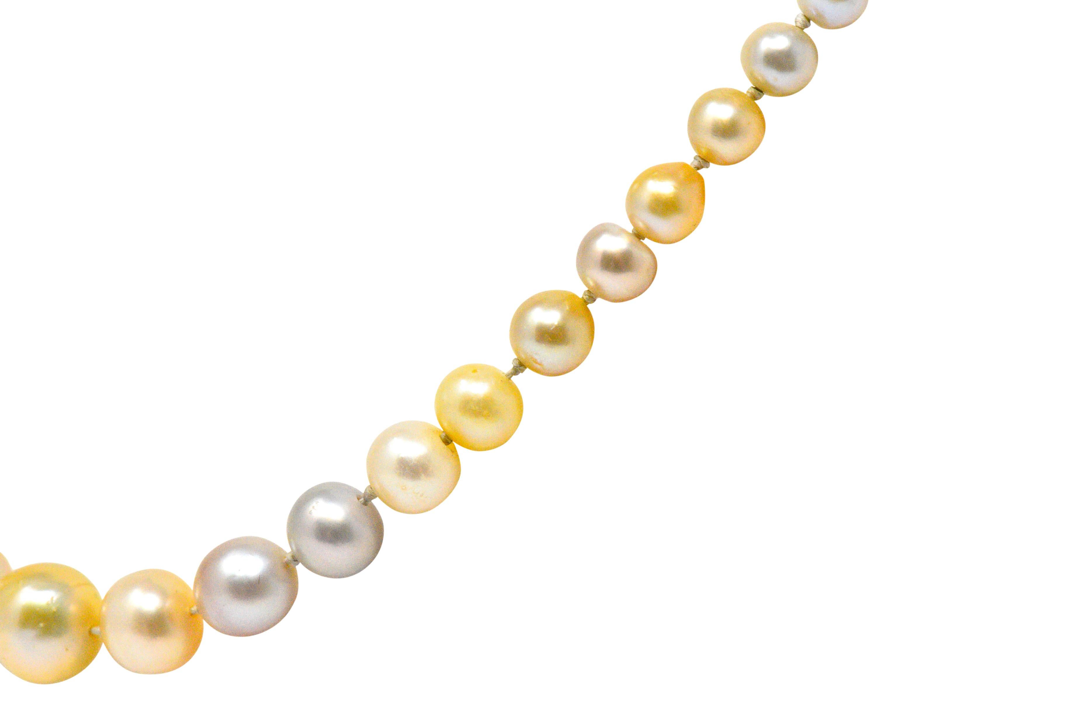 Victorian Multi-Color Natural Saltwater Pearl Diamond Platinum Gold Necklace In Excellent Condition In Philadelphia, PA
