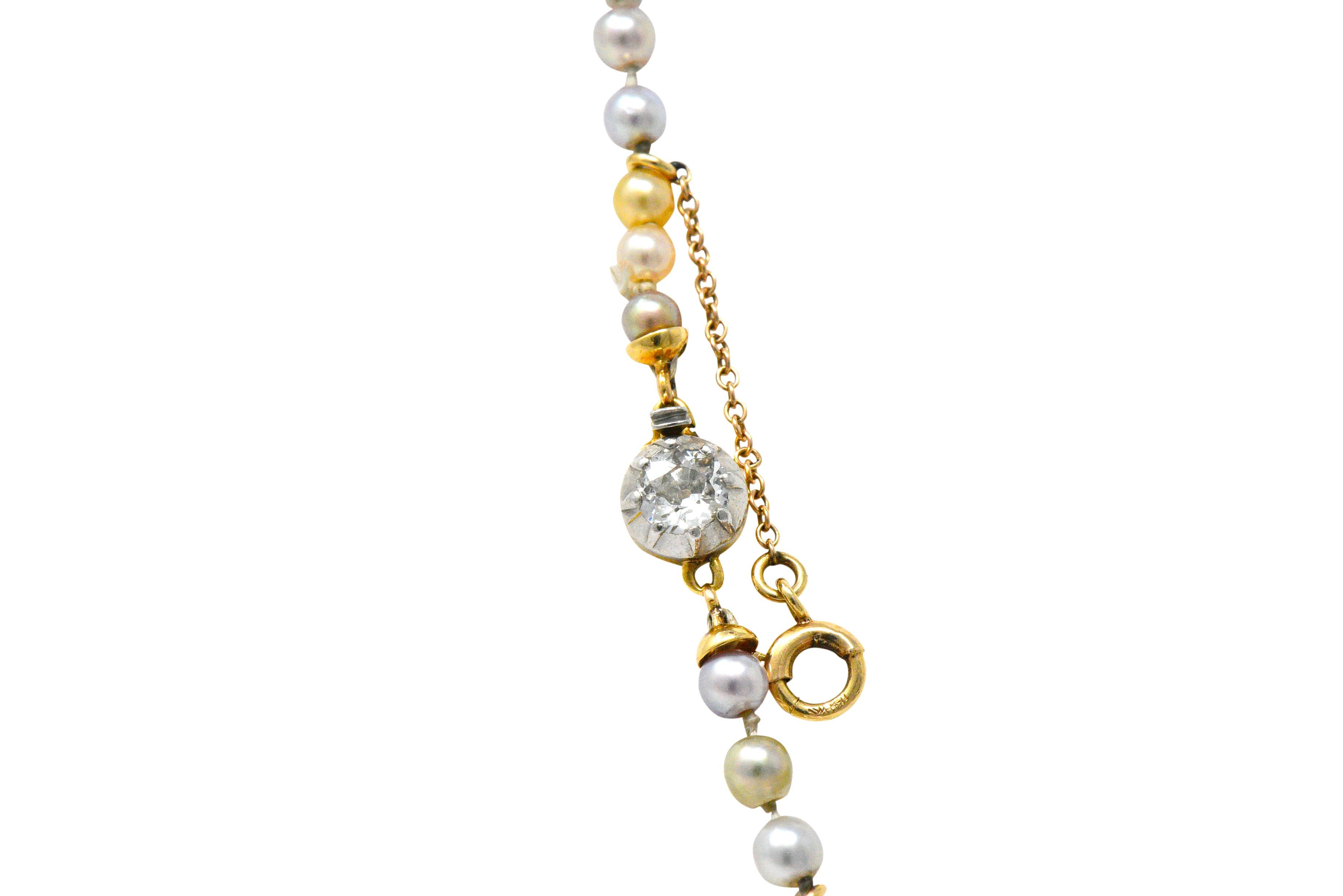 Victorian Multi-Color Natural Saltwater Pearl Diamond Platinum Gold Necklace 3