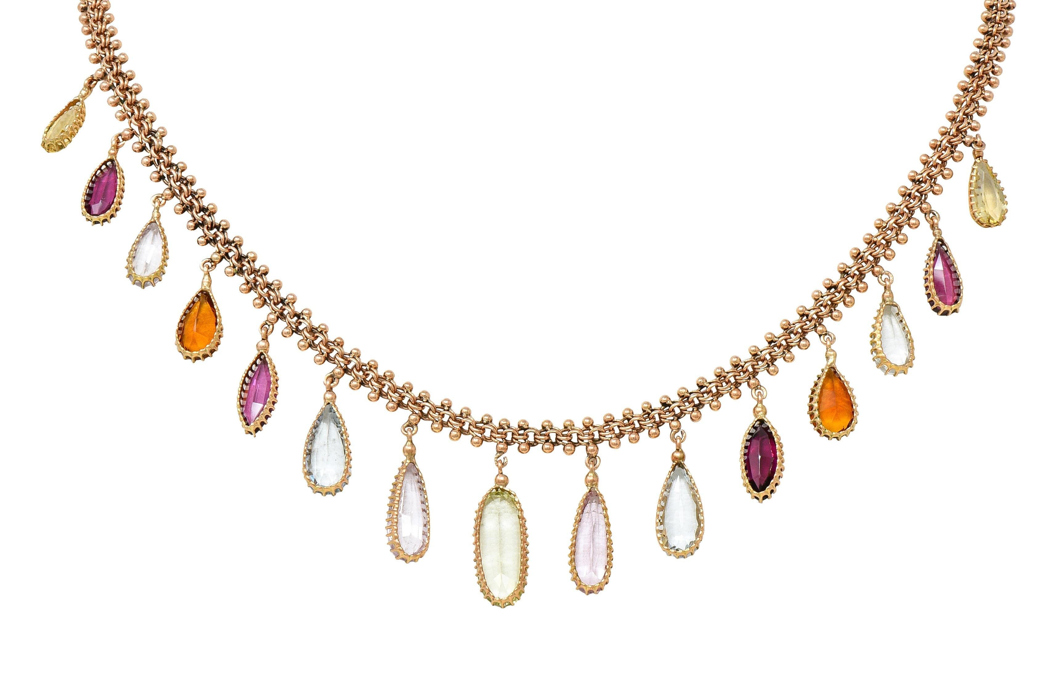 Women's or Men's Victorian Multi-Gem 14 Karat Rose Gold Antique Fringe Necklace