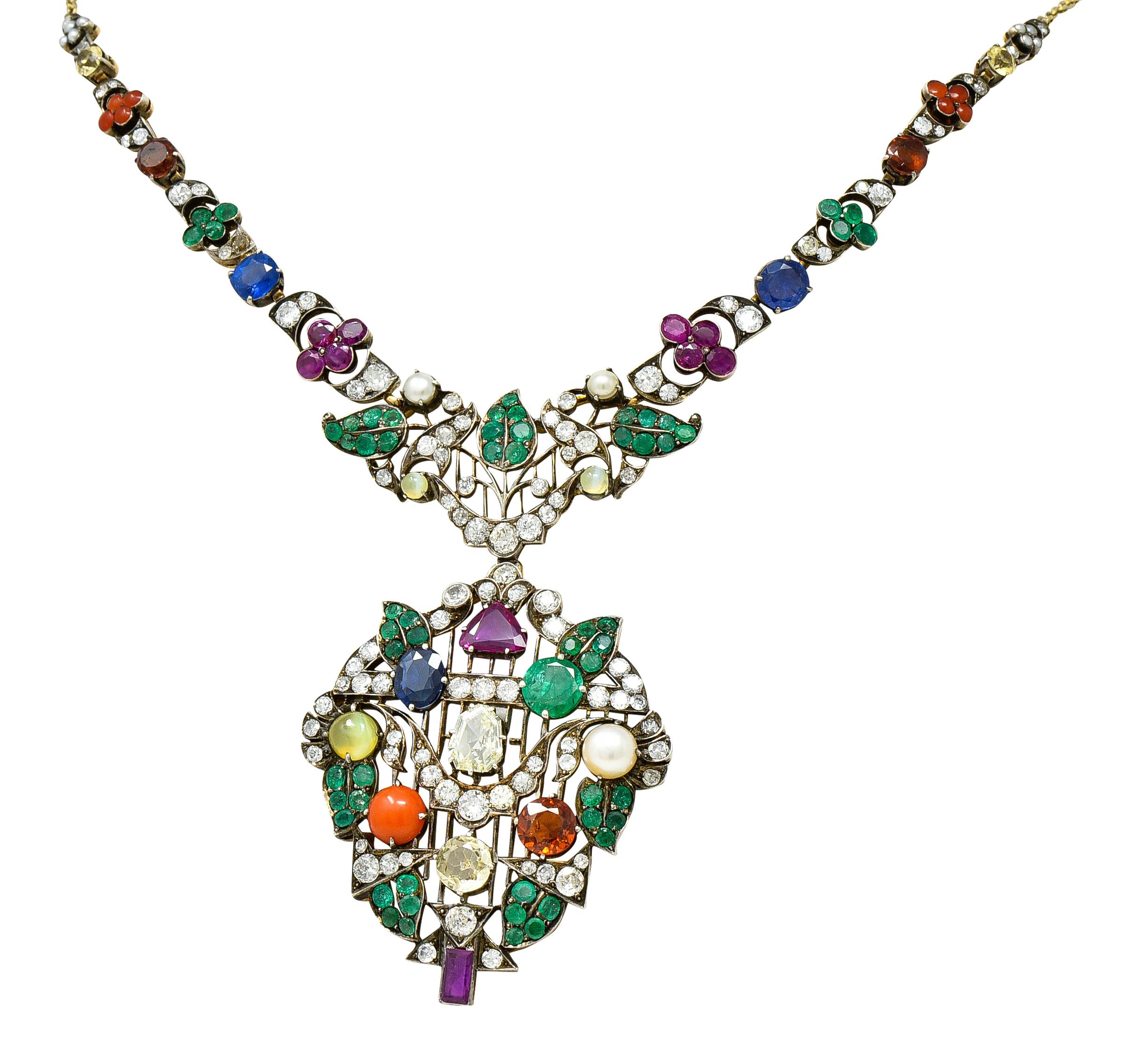 Victorian Multi-Gem Emerald Ruby Diamond Sapphire14 Karat Gold Garland Necklace 5