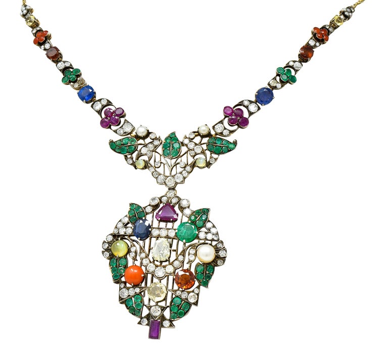 Victorian Multi-Gem Emerald Ruby Diamond Sapphire14 Karat Gold Garland Necklace For Sale 7