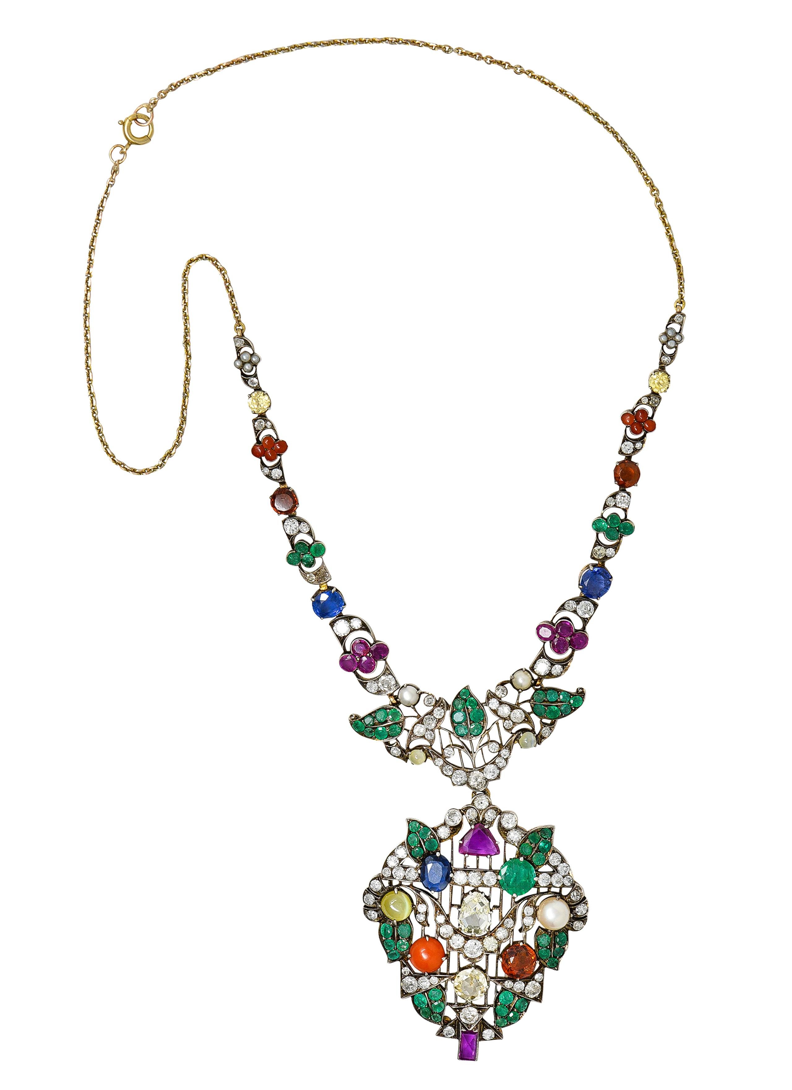 Victorian Multi-Gem Emerald Ruby Diamond Sapphire14 Karat Gold Garland Necklace 6