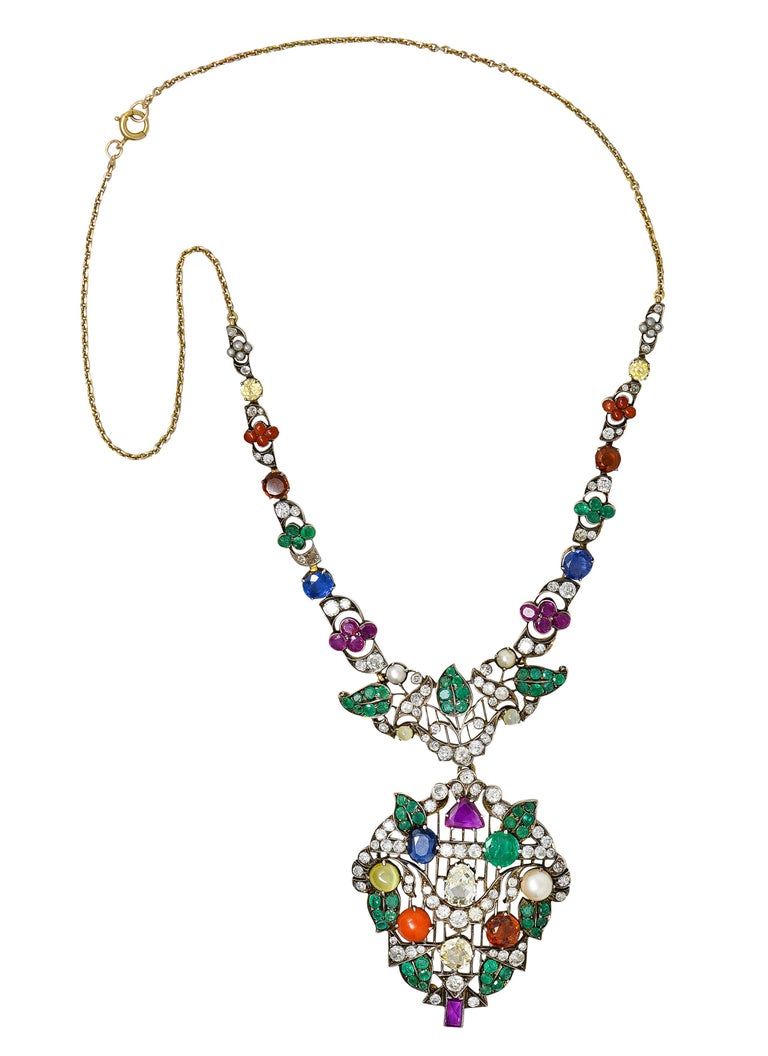 Victorian Multi-Gem Emerald Ruby Diamond Sapphire14 Karat Gold Garland Necklace For Sale 8