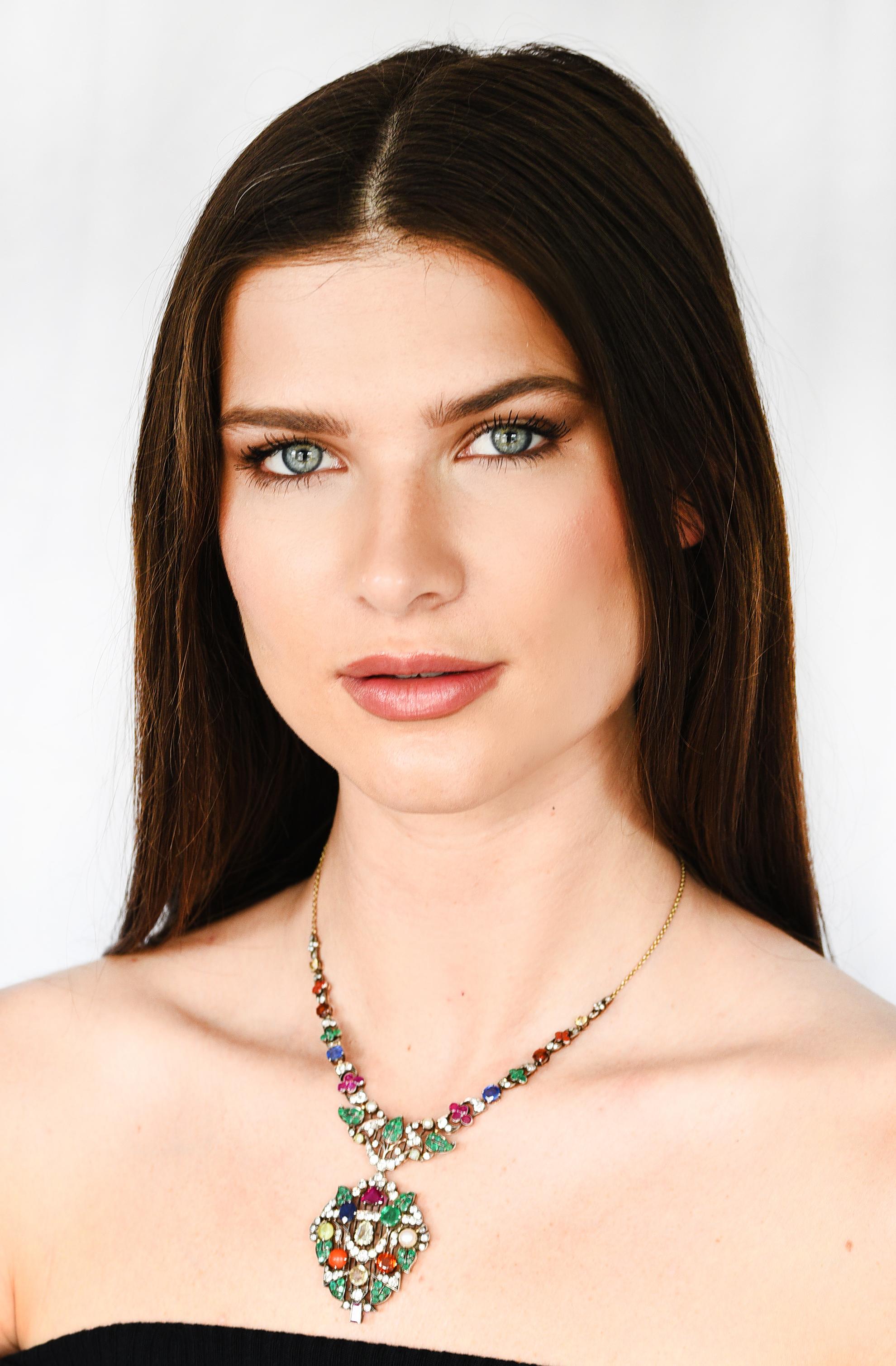Victorian Multi-Gem Emerald Ruby Diamond Sapphire14 Karat Gold Garland Necklace 7