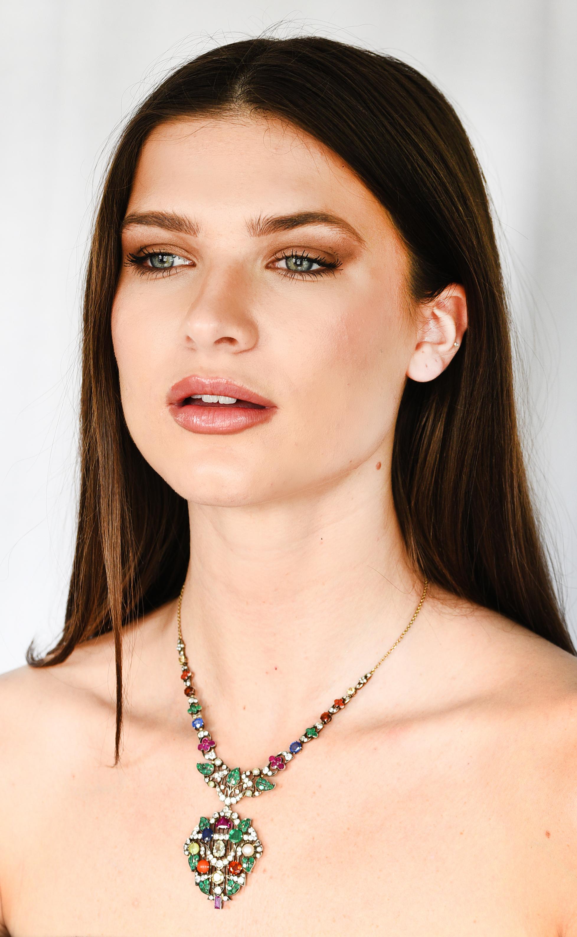 Victorian Multi-Gem Emerald Ruby Diamond Sapphire14 Karat Gold Garland Necklace 8