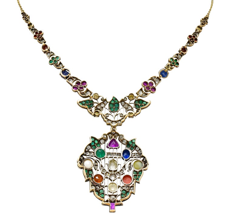 Victorian Multi-Gem Emerald Ruby Diamond Sapphire14 Karat Gold Garland Necklace In Excellent Condition For Sale In Philadelphia, PA