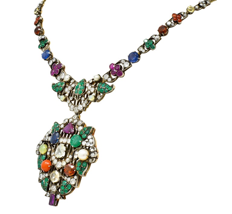 Women's or Men's Victorian Multi-Gem Emerald Ruby Diamond Sapphire14 Karat Gold Garland Necklace For Sale