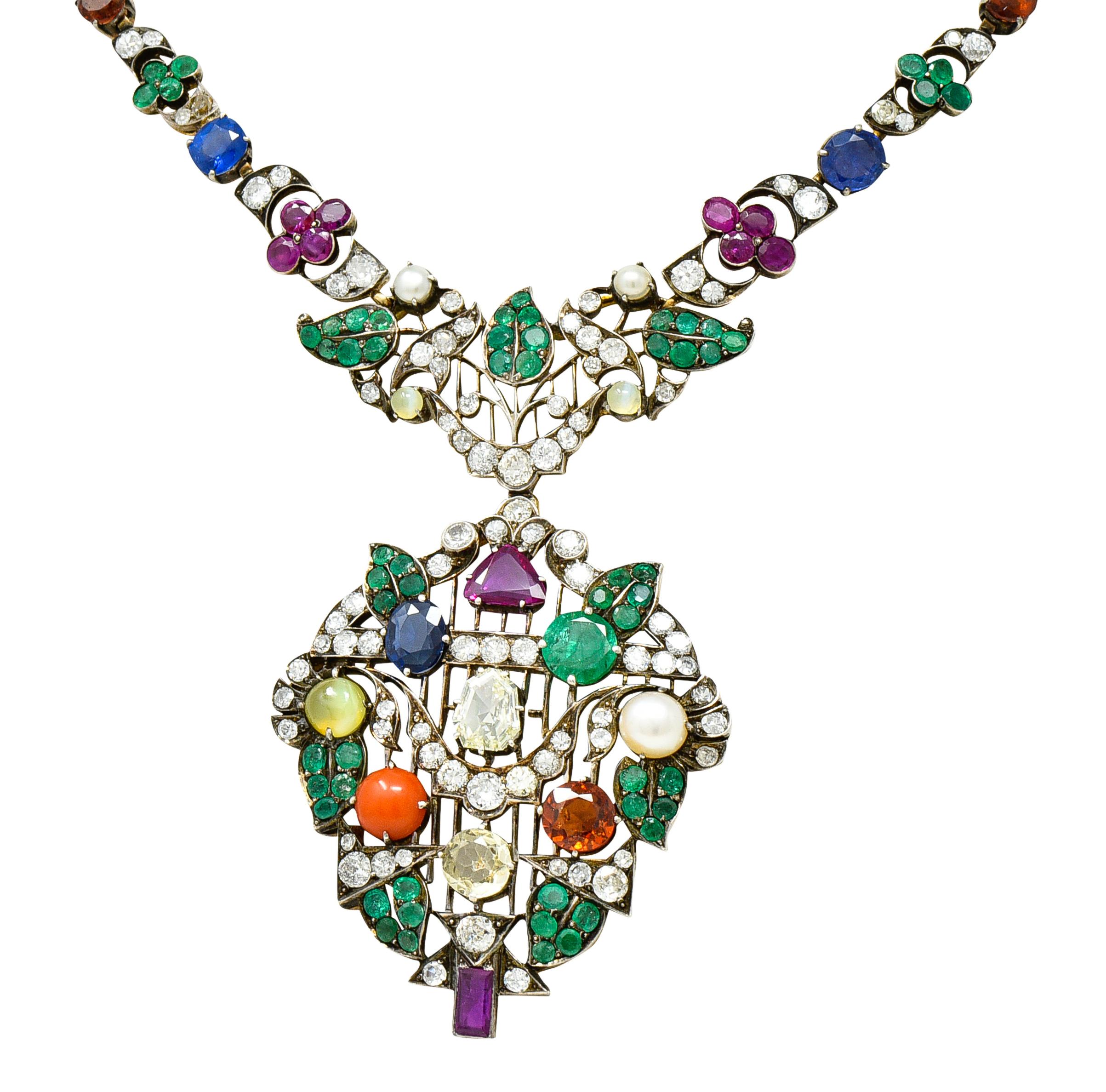 Victorian Multi-Gem Emerald Ruby Diamond Sapphire14 Karat Gold Garland Necklace In Excellent Condition In Philadelphia, PA