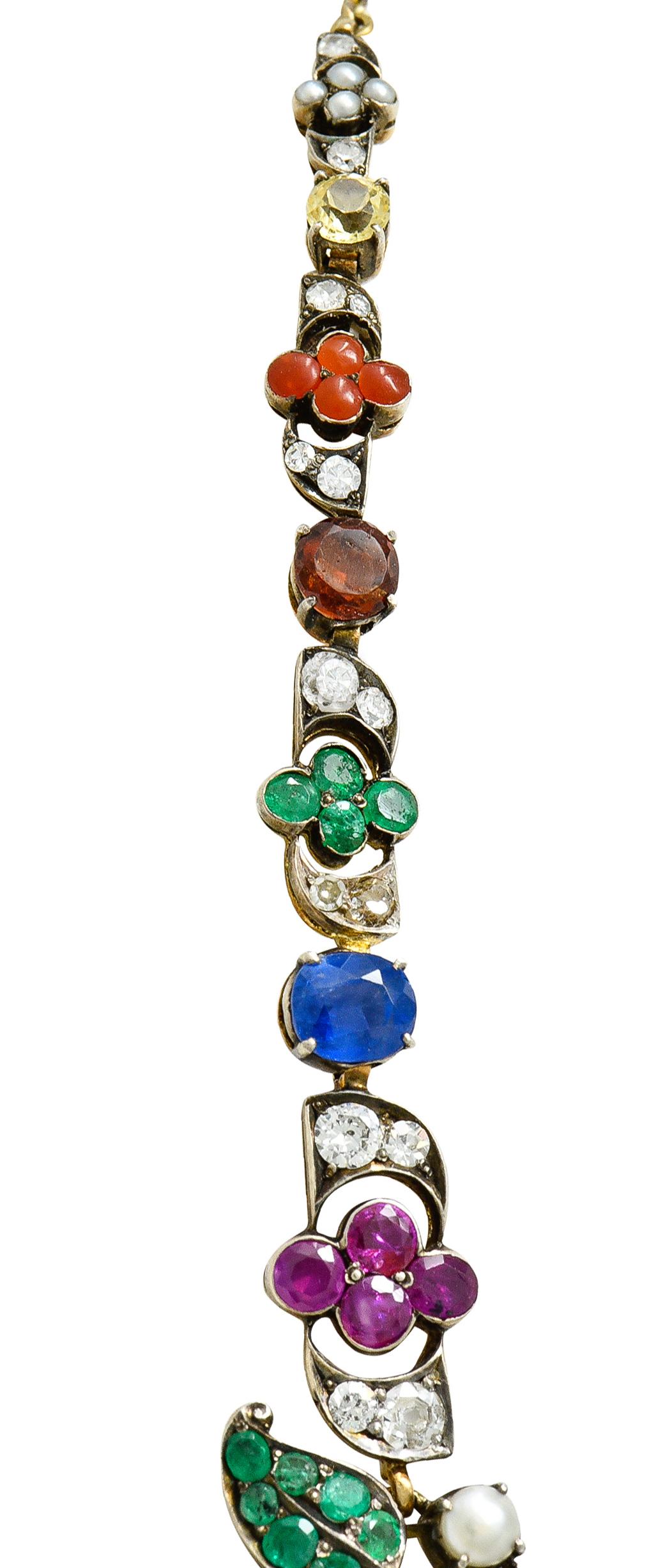 Women's or Men's Victorian Multi-Gem Emerald Ruby Diamond Sapphire14 Karat Gold Garland Necklace