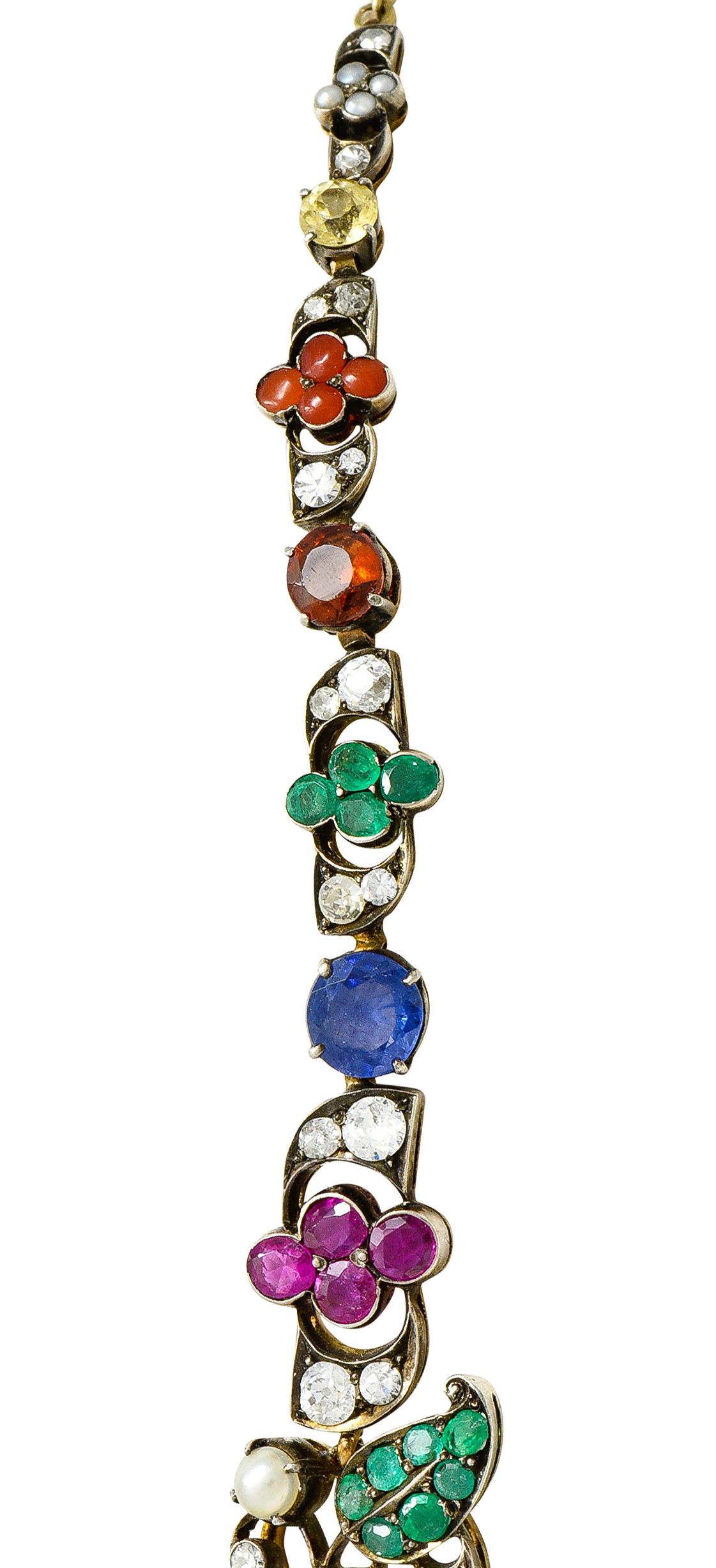Victorian Multi-Gem Emerald Ruby Diamond Sapphire14 Karat Gold Garland Necklace 1