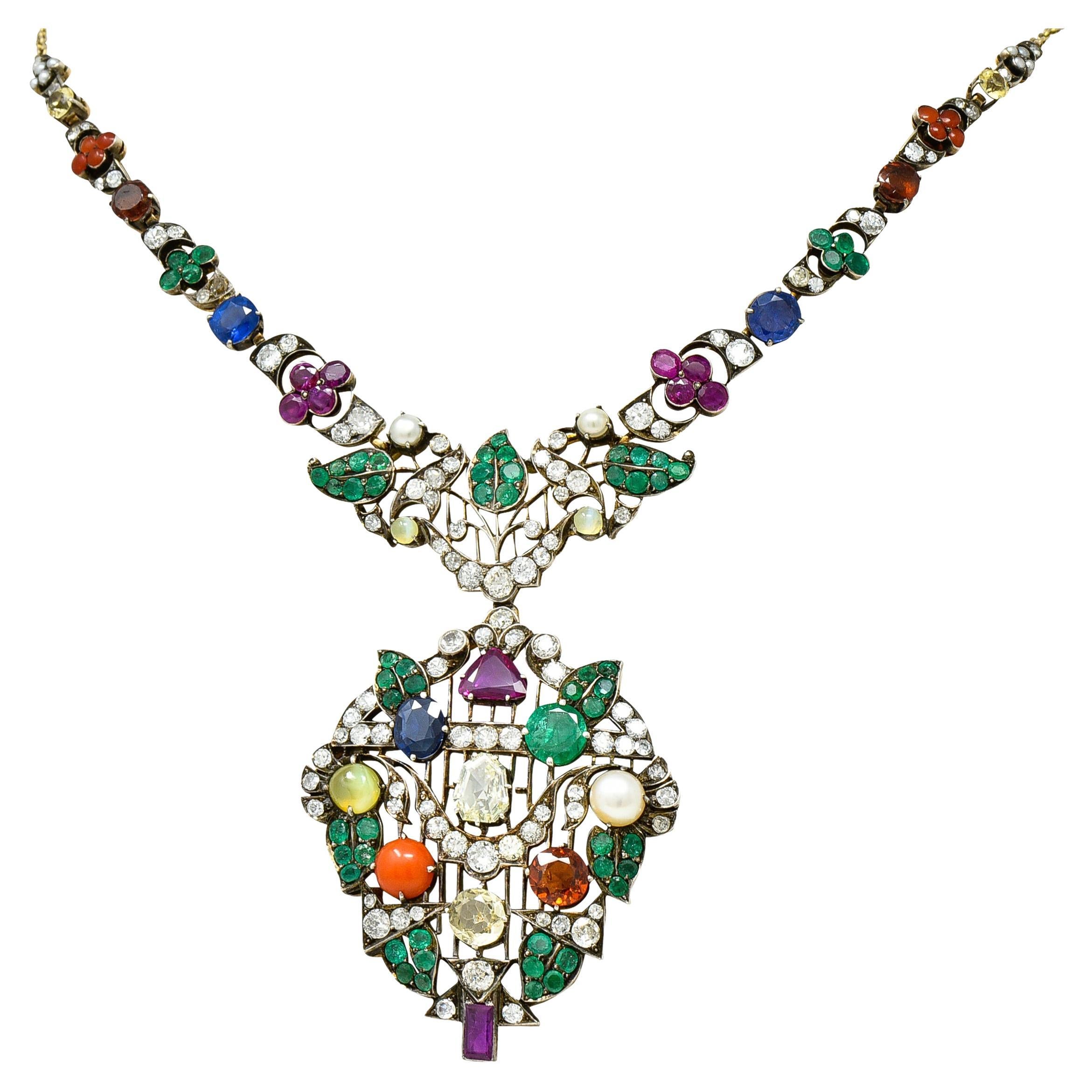 Victorian Multi-Gem Emerald Ruby Diamond Sapphire14 Karat Gold Garland Necklace