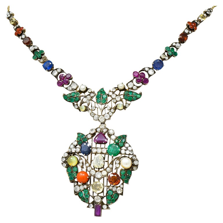 Victorian Multi-Gem Emerald Ruby Diamond Sapphire14 Karat Gold Garland Necklace For Sale