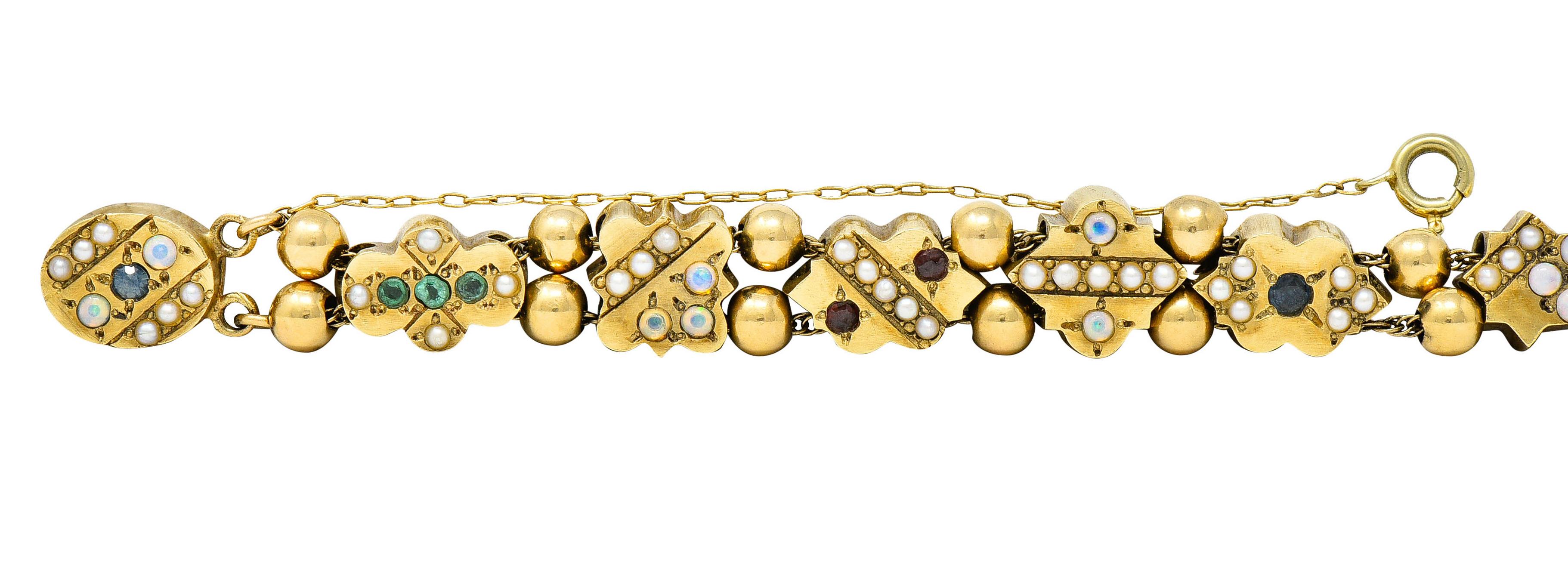 Victorian Multi-Gem Pearl Opal Emerald Garnet 14 Karat Gold Slide Link Bracelet 5