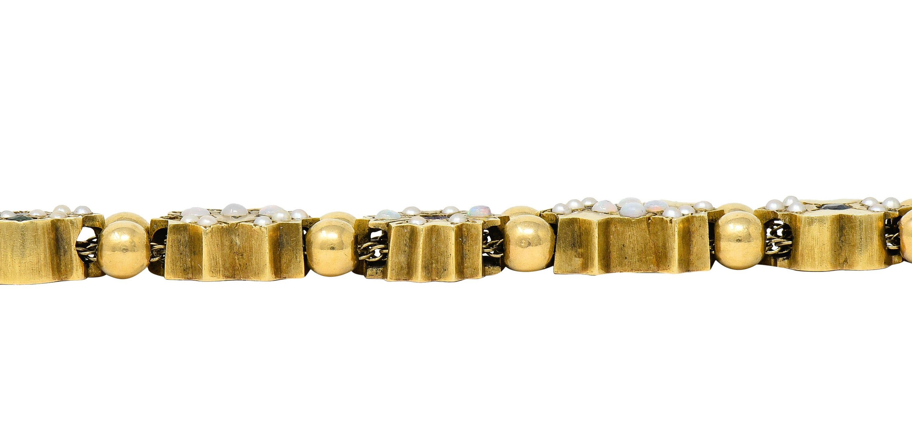 Victorian Multi-Gem Pearl Opal Emerald Garnet 14 Karat Gold Slide Link Bracelet 6