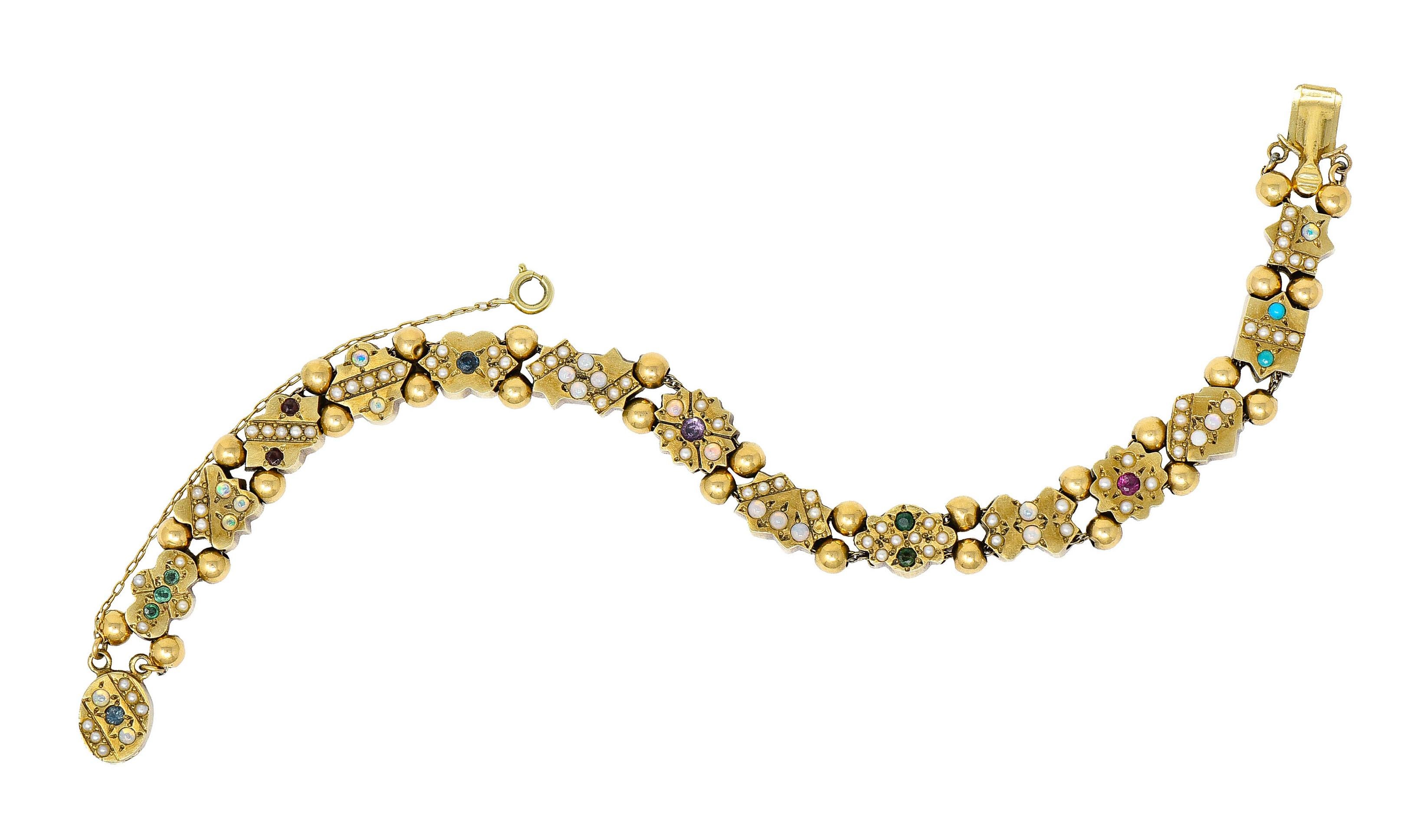 Victorian Multi-Gem Pearl Opal Emerald Garnet 14 Karat Gold Slide Link Bracelet 9
