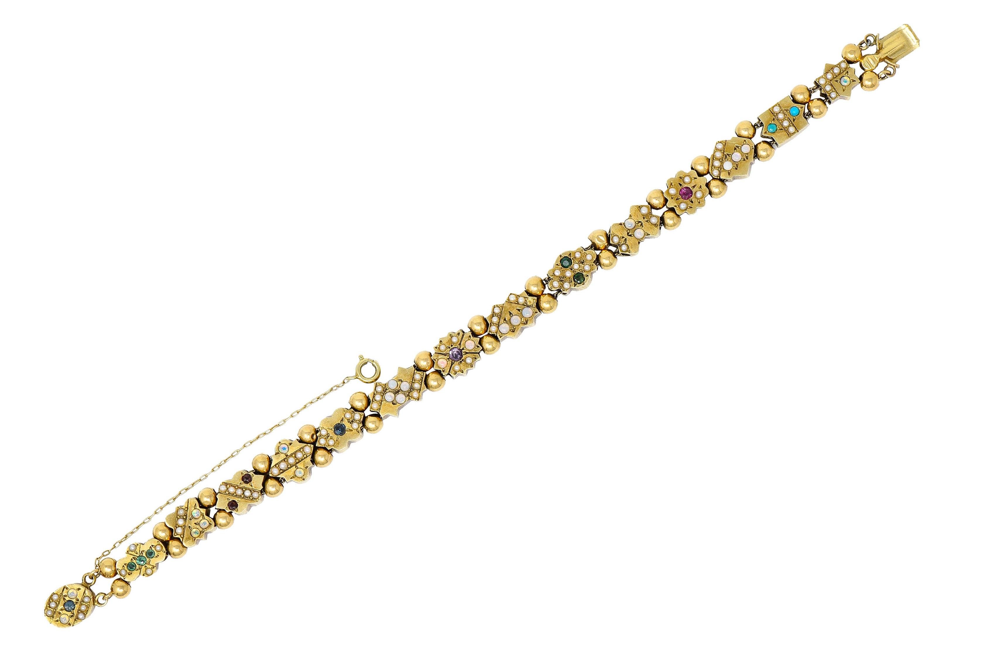 Slide style bracelet comprised of geometric links alternating with gold ball beads

All strung on two strands of gold chain that terminate as a concealed clasp with chain safety

Accented by natural freshwater pearls, opal cabochons, garnet,