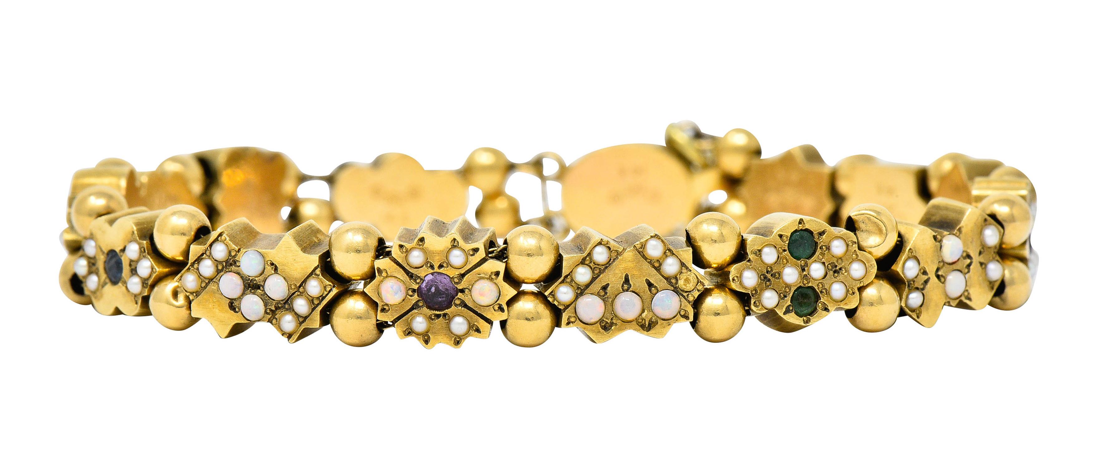 Cabochon Victorian Multi-Gem Pearl Opal Emerald Garnet 14 Karat Gold Slide Link Bracelet
