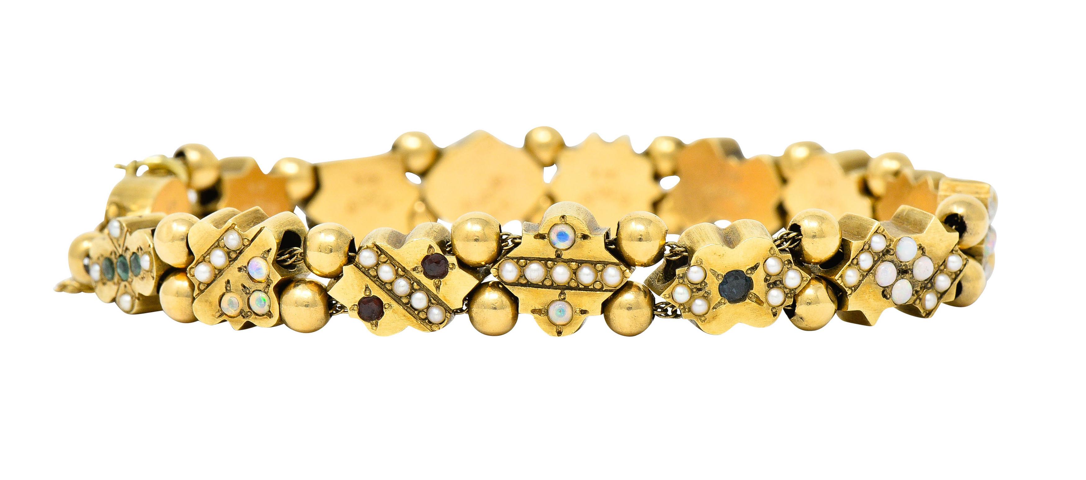 Victorian Multi-Gem Pearl Opal Emerald Garnet 14 Karat Gold Slide Link Bracelet In Excellent Condition In Philadelphia, PA