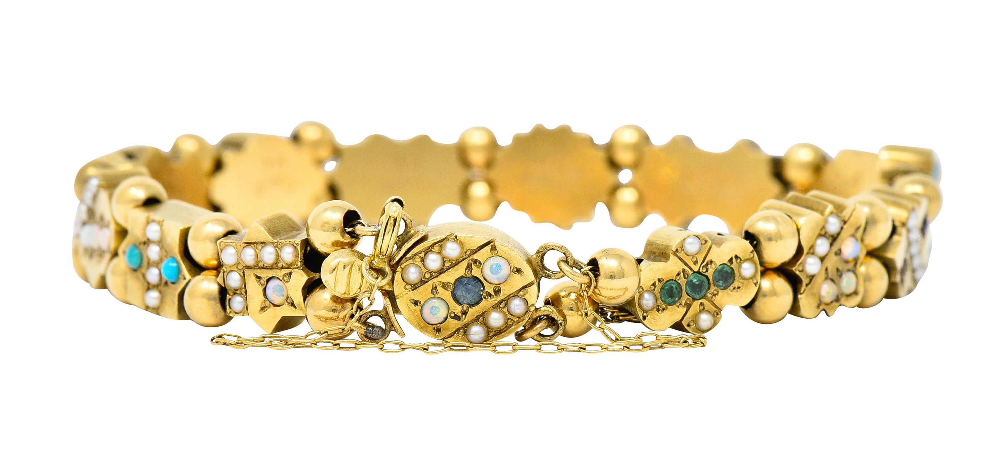 Women's or Men's Victorian Multi-Gem Pearl Opal Emerald Garnet 14 Karat Gold Slide Link Bracelet