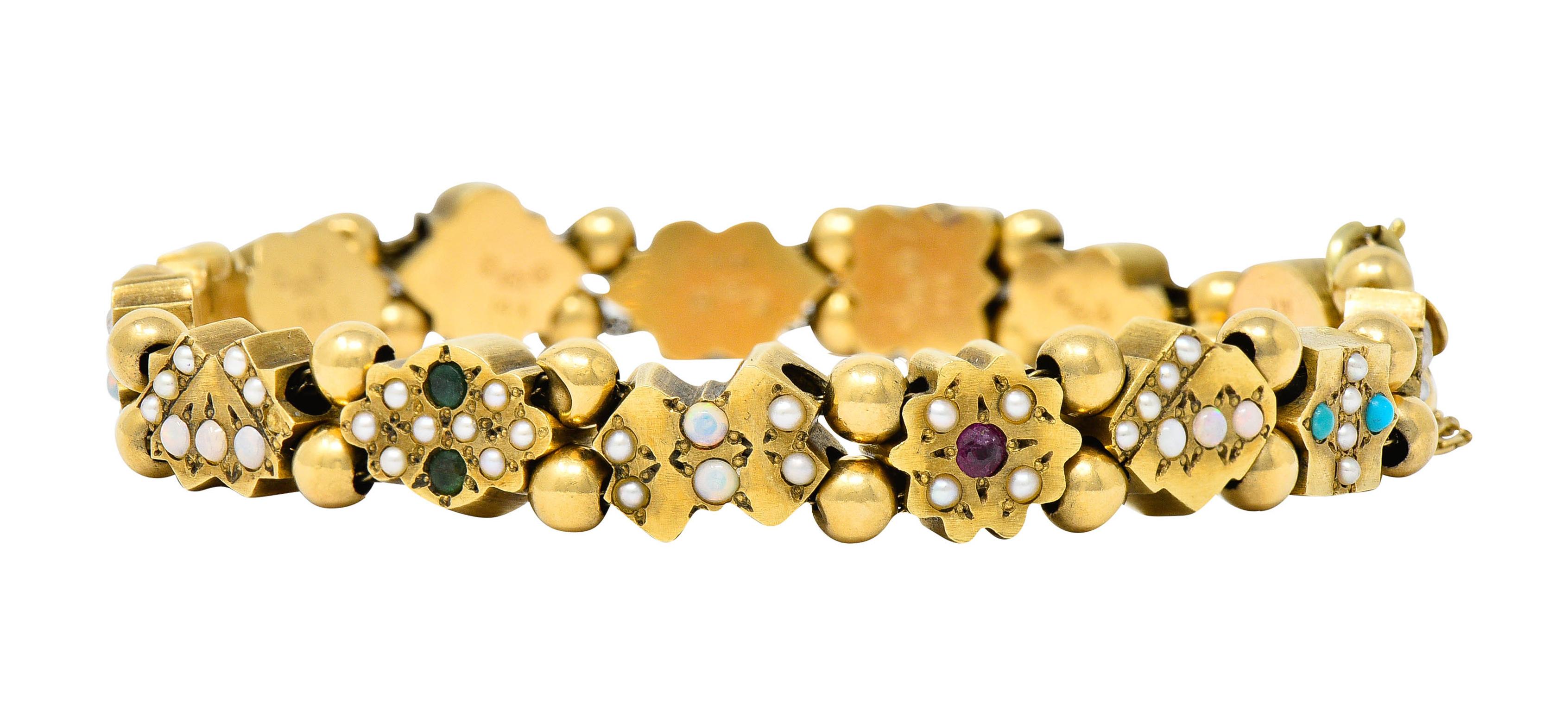 Victorian Multi-Gem Pearl Opal Emerald Garnet 14 Karat Gold Slide Link Bracelet 1